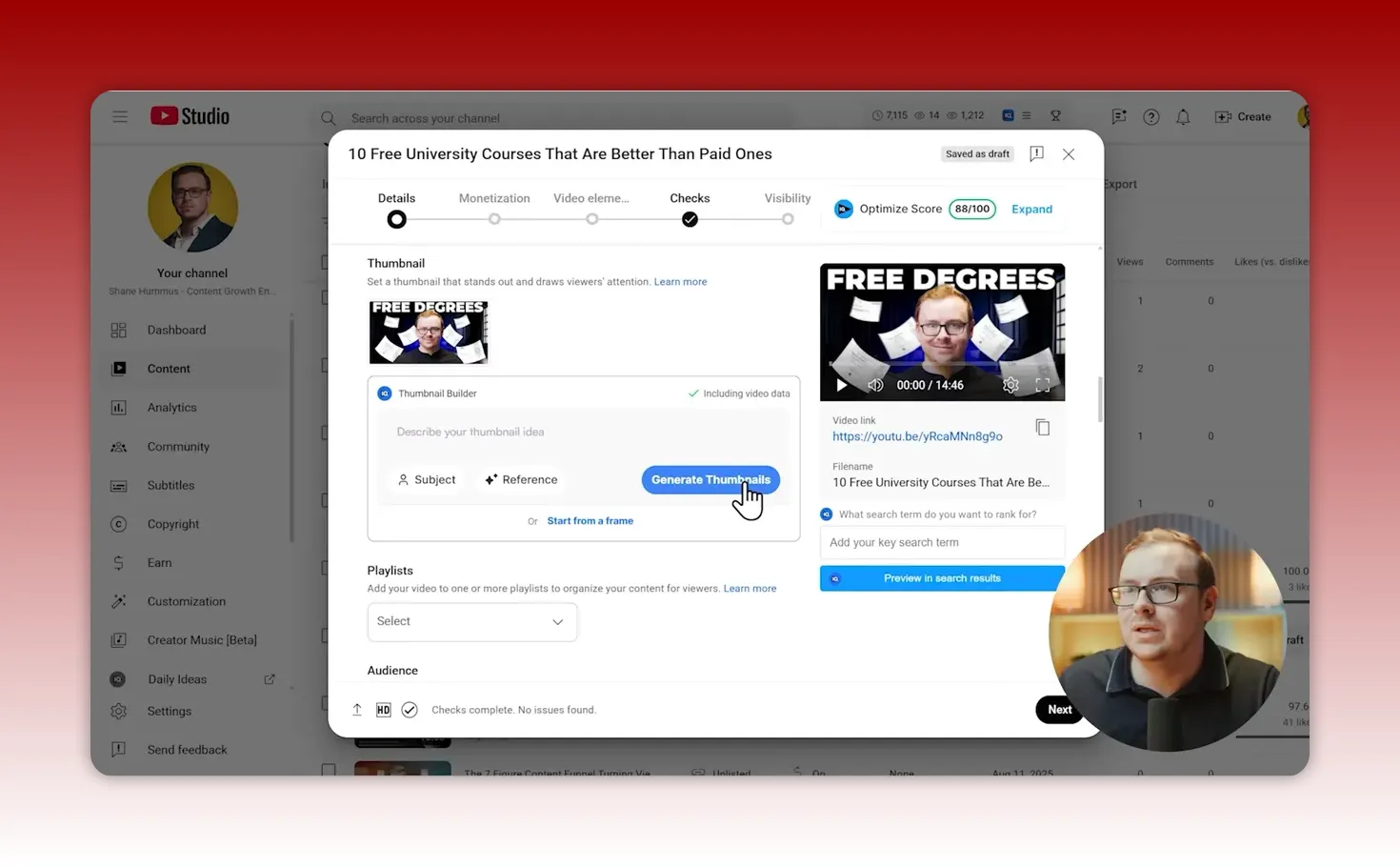 YouTube Studio upload dialog showing thumbnail preview, thumbnail builder with Generate Thumbnails button and a clear video preview; presenter inset at bottom right.