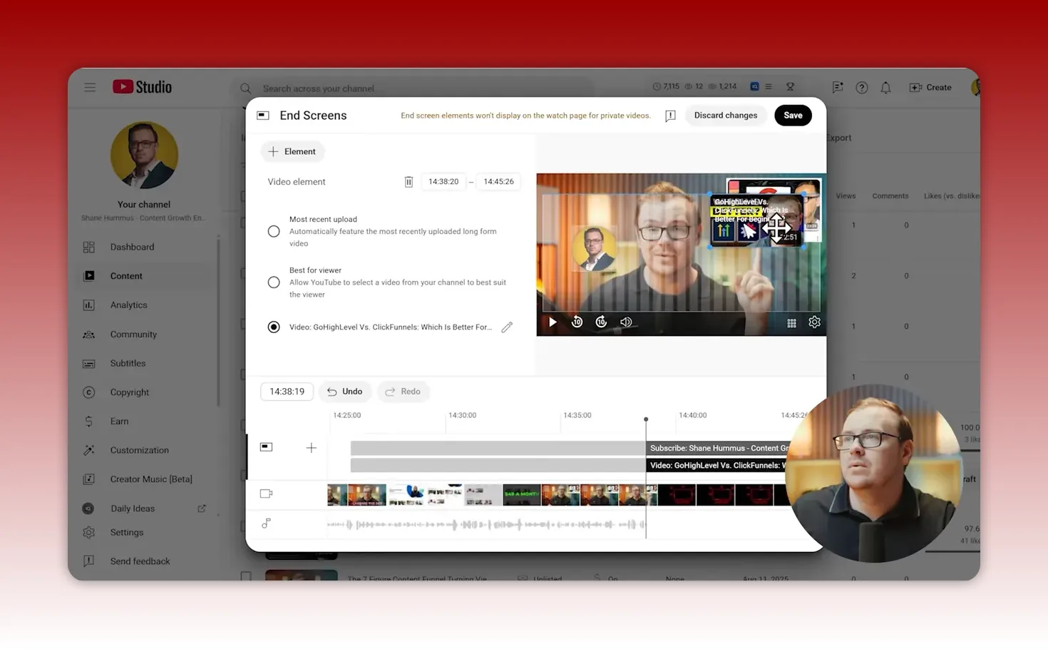 YouTube Studio end screens editor showing video element options, a timeline with placements, and a preview with end-screen overlays.