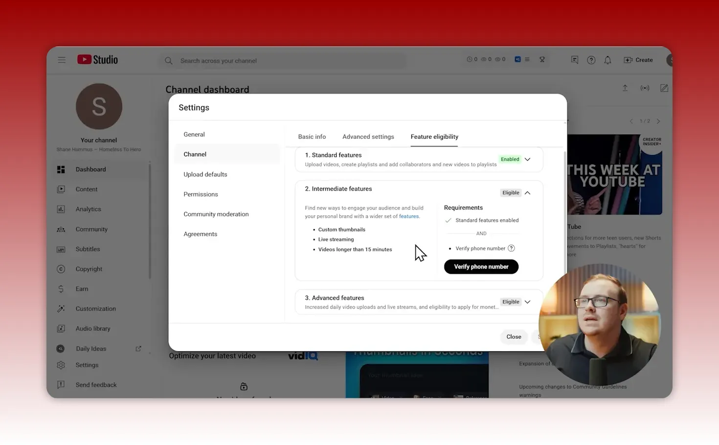 YouTube Studio settings dialog focused on Feature eligibility. The intermediate features box and a black 'Verify phone number' button are visible in the right column.