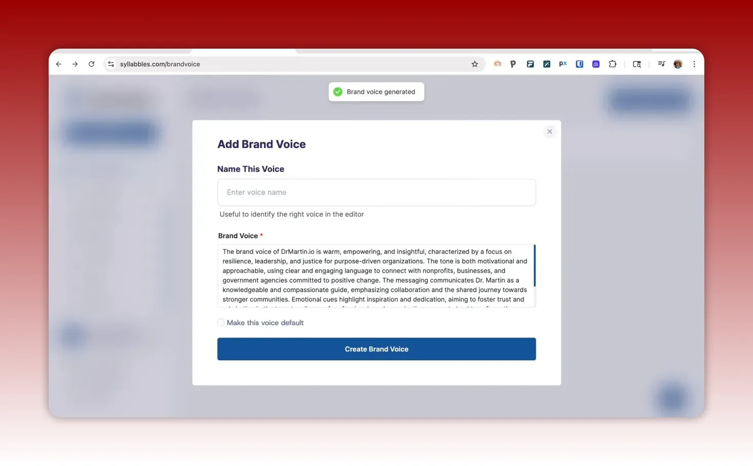 Syllabbles add brand voice screen with generated brand voice text and the option to make it the default