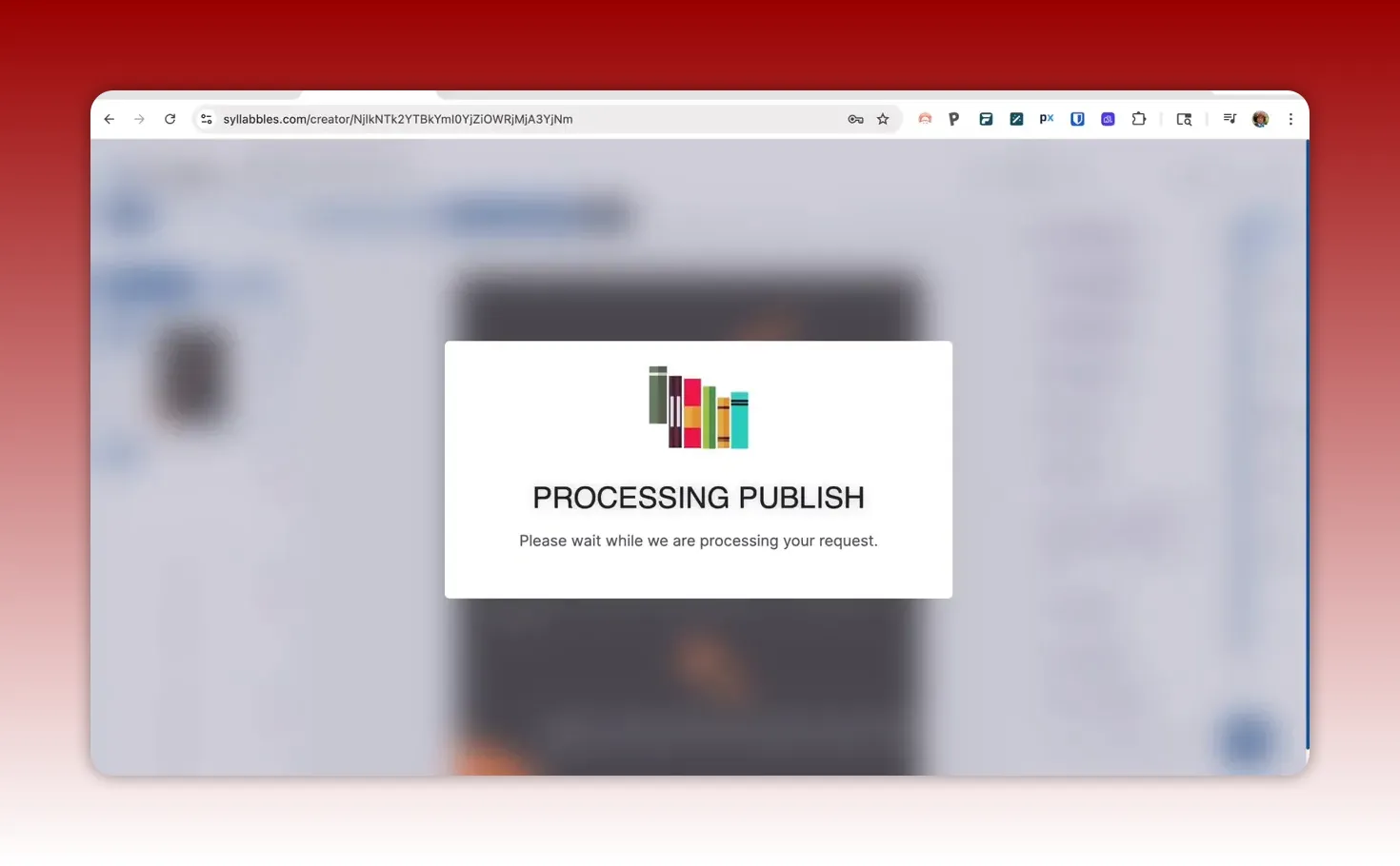 Syllabbles “Processing Publish” loading message with book icons