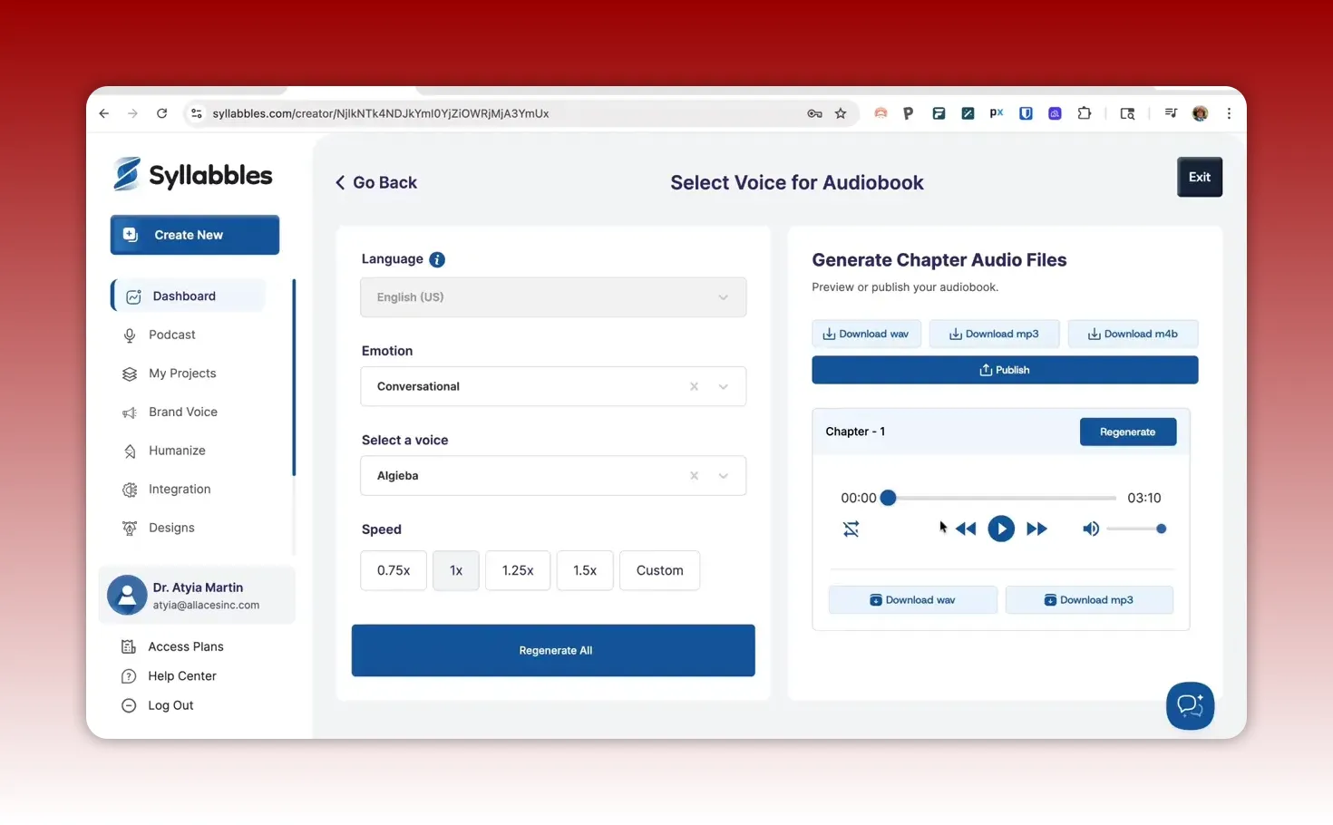 Syllabbles audiobook preview screen showing playback controls, download WAV/MP3, and Chapter 1 timing