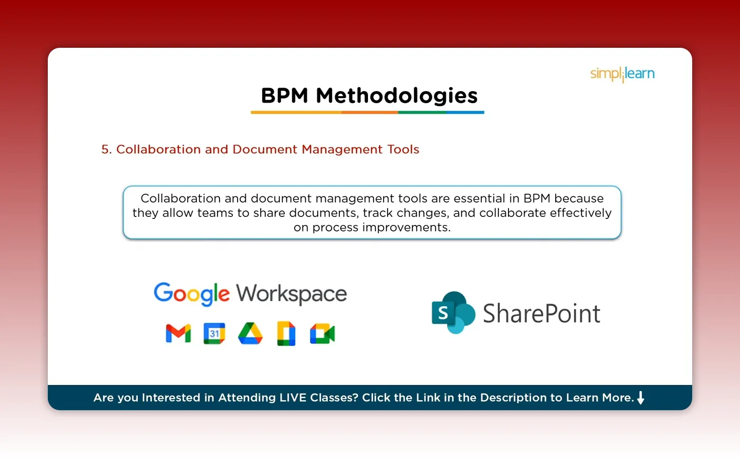 Clear presentation slide titled 'BPM Methodologies' showing collaboration and document management tools and their role in BPM.