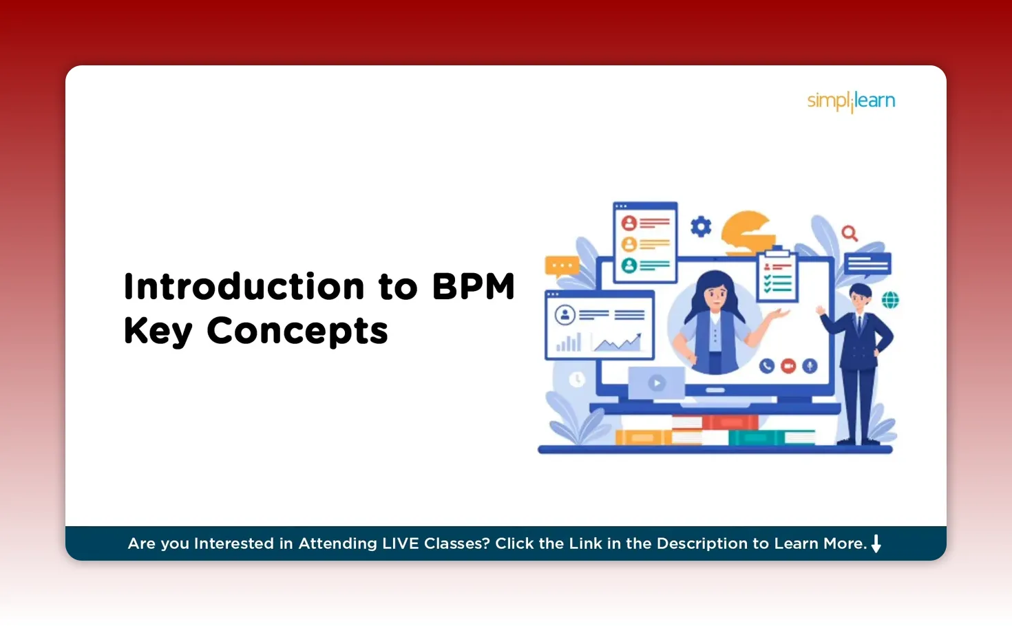 Slide reading 'Introduction to BPM Key Concepts' with an illustration of people around a computer and dashboards.