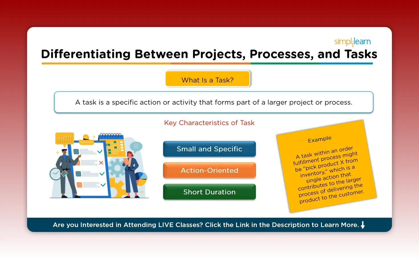 Slide titled 'Differentiating Between Projects, Processes, and Tasks' showing task characteristics and a yellow example sticky note explaining a pick-product task.