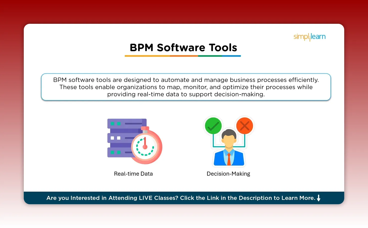 Clear slide titled 'BPM Software Tools' with an explanatory text box and two large icons labeled 'Real-time Data' (server and stopwatch) and 'Decision-Making' (person with check and cross), suitable for showing tool benefits.