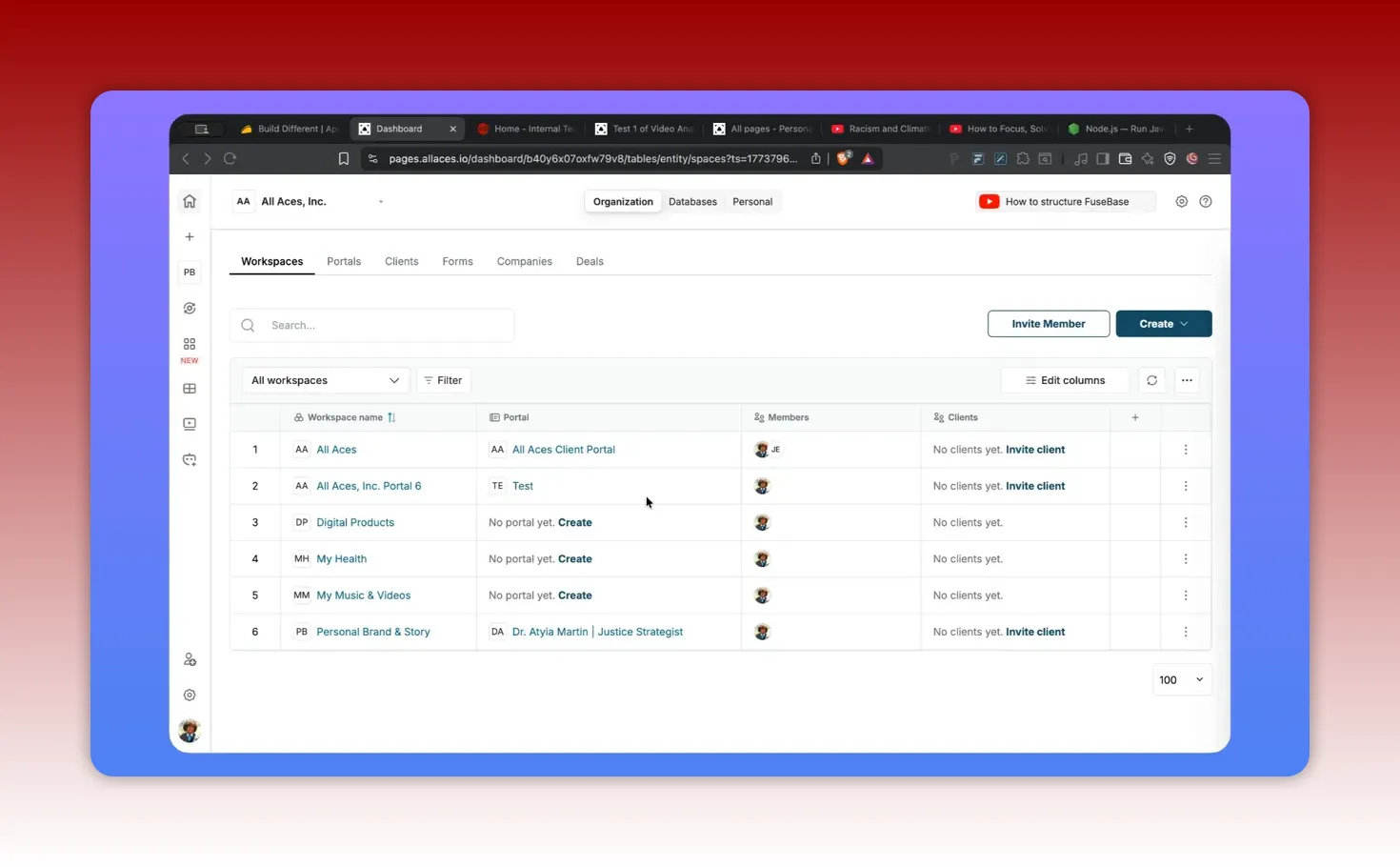 FuseBase Workspaces view showing portal assignments and client status