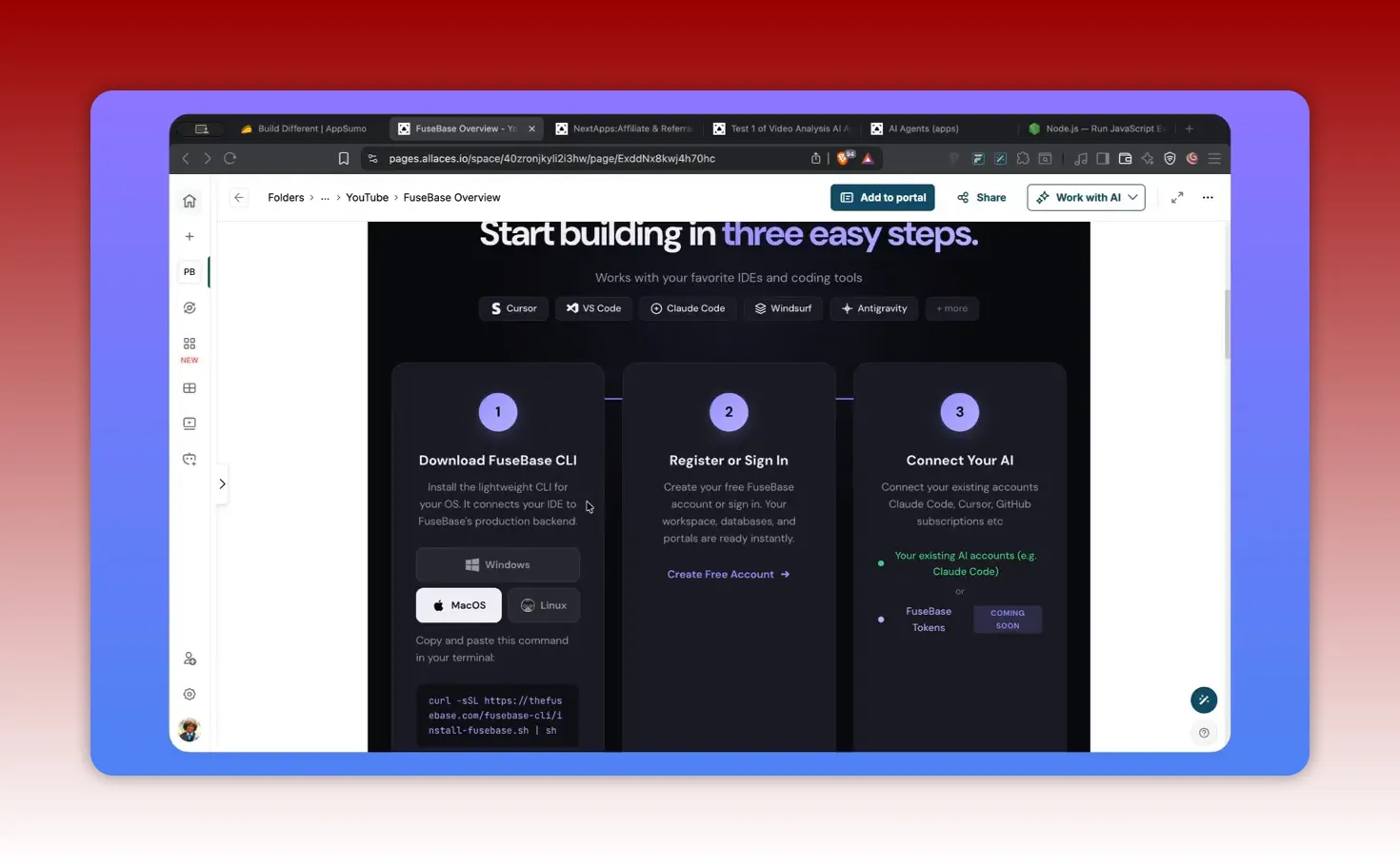FuseBase three-step setup for app building including CLI, account, and AI connection