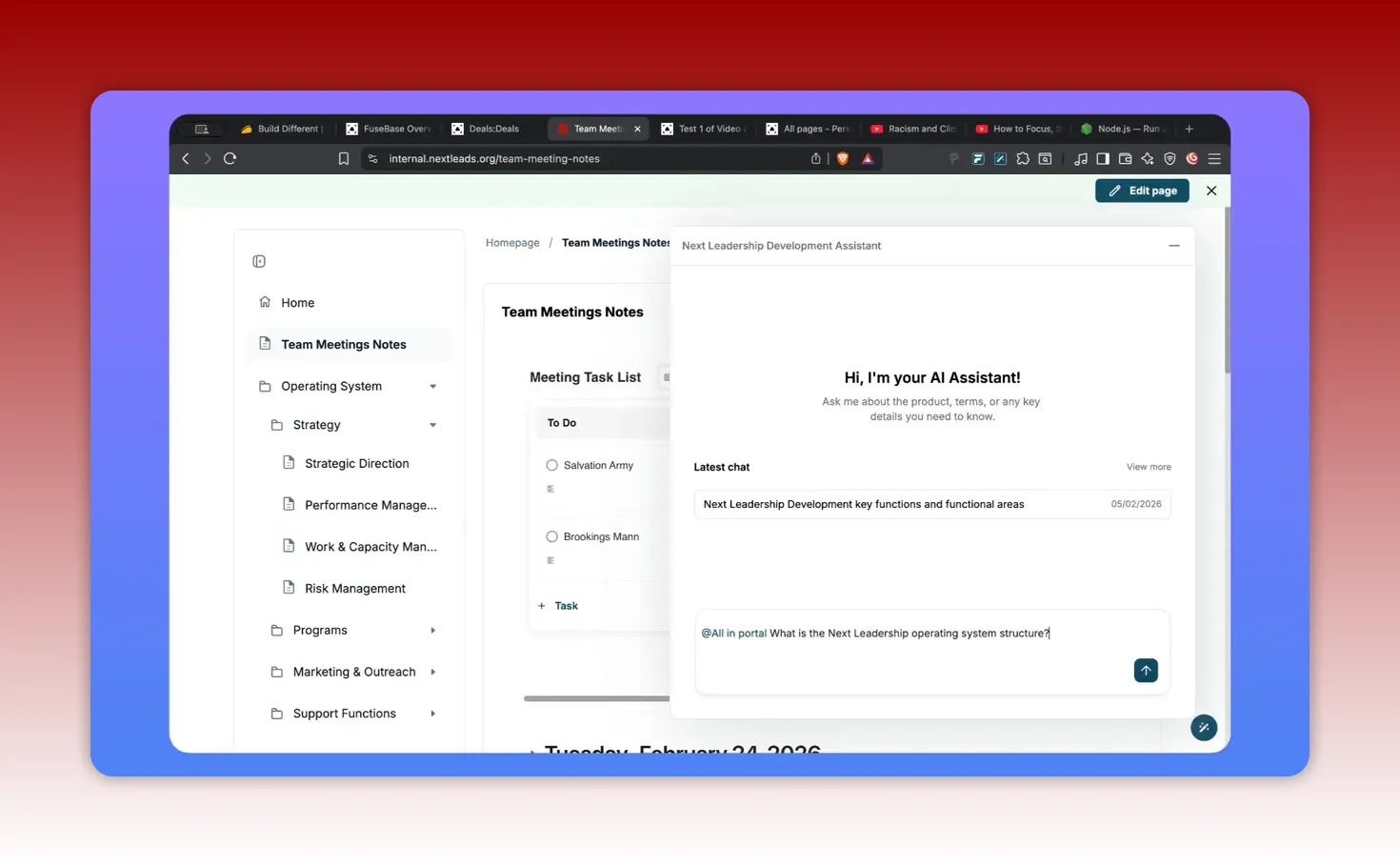 FuseBase AI assistant chat responding to a portal query about the next leadership operating system structure