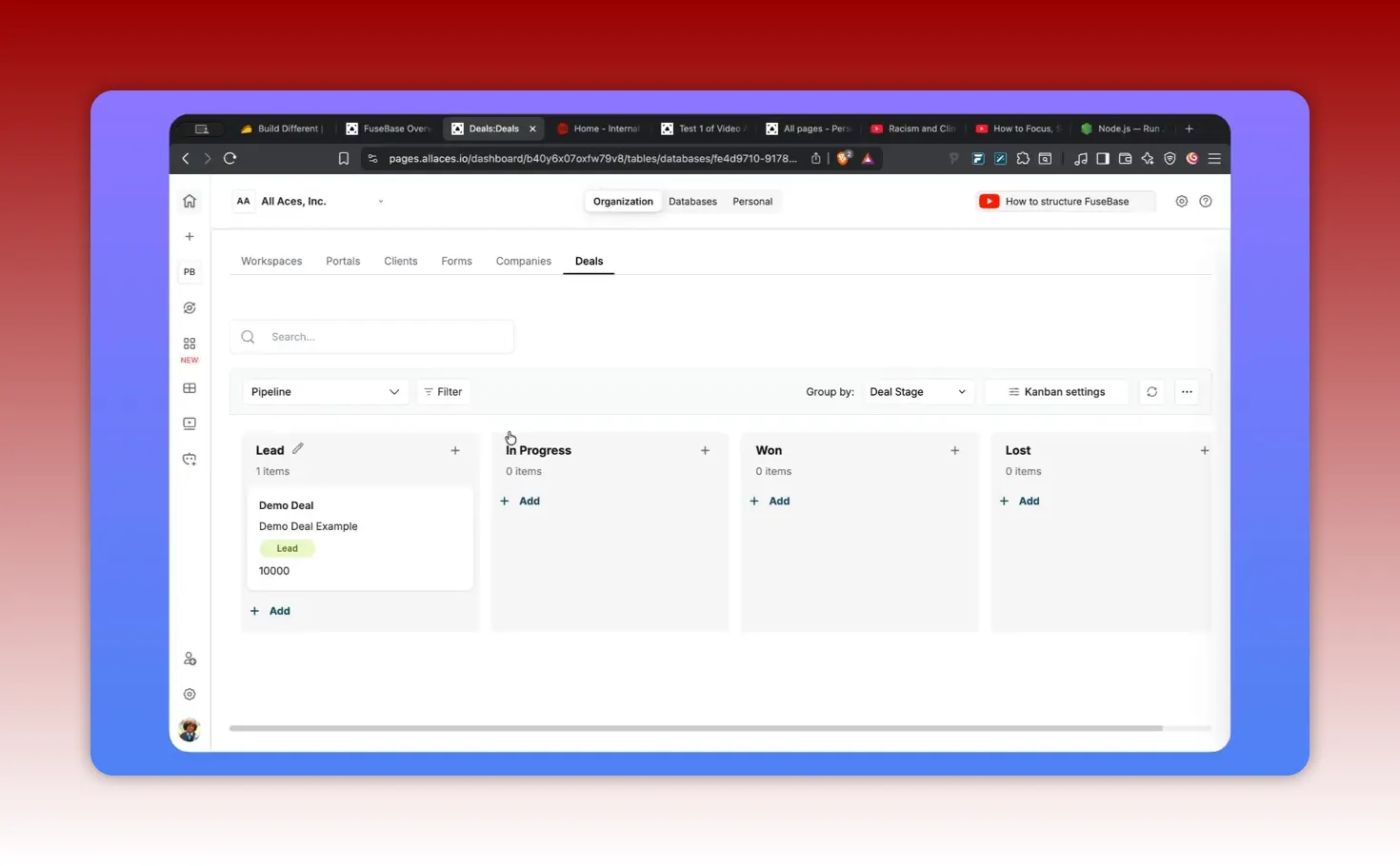 FuseBase deals pipeline Kanban board grouped by deal stage with Lead, In Progress, Won, and Lost columns