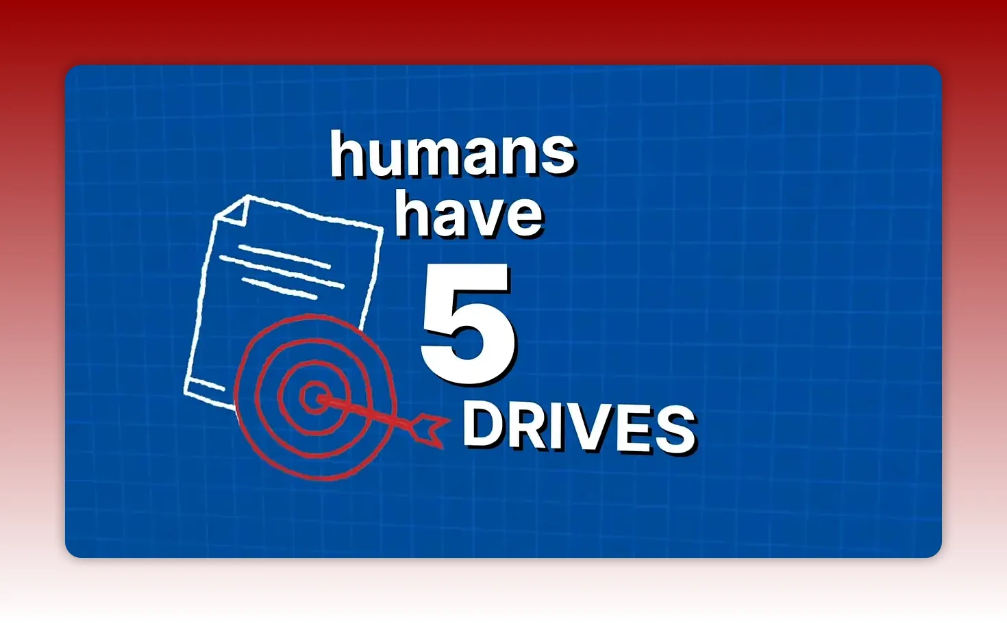 Animated graphic reading 'humans have 5 DRIVES' with a target icon on a blue grid background