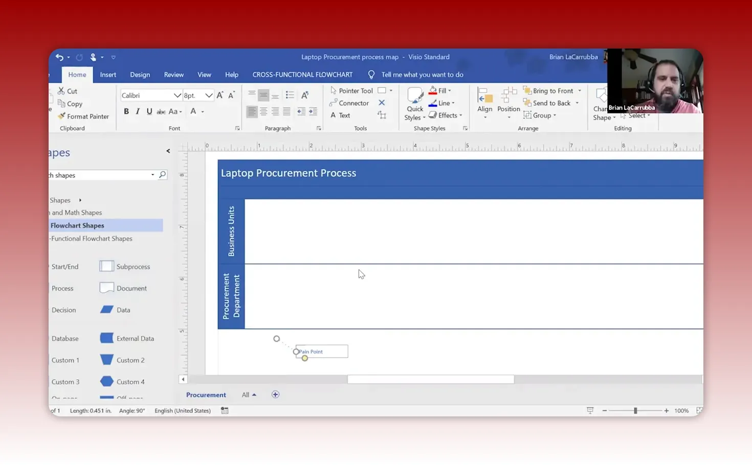 High-clarity Visio screenshot showing 'Laptop Procurement Process' swimlanes and empty lanes ready for process mapping