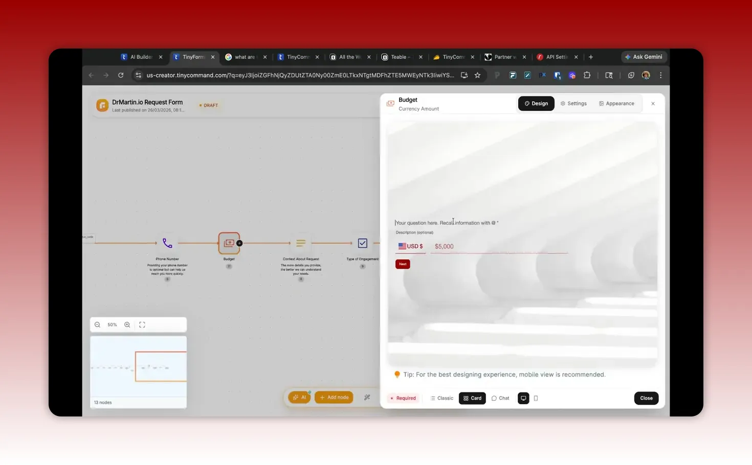 TinyCommand budget field configured with currency amount inside a lead qualification form workflow