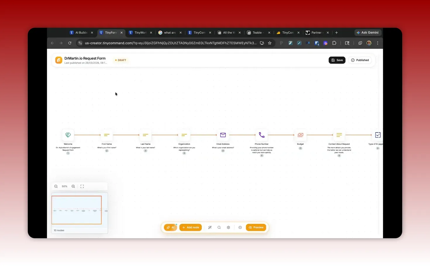 TinyForms lead qualification request form with fields connected in a workflow-style form builder