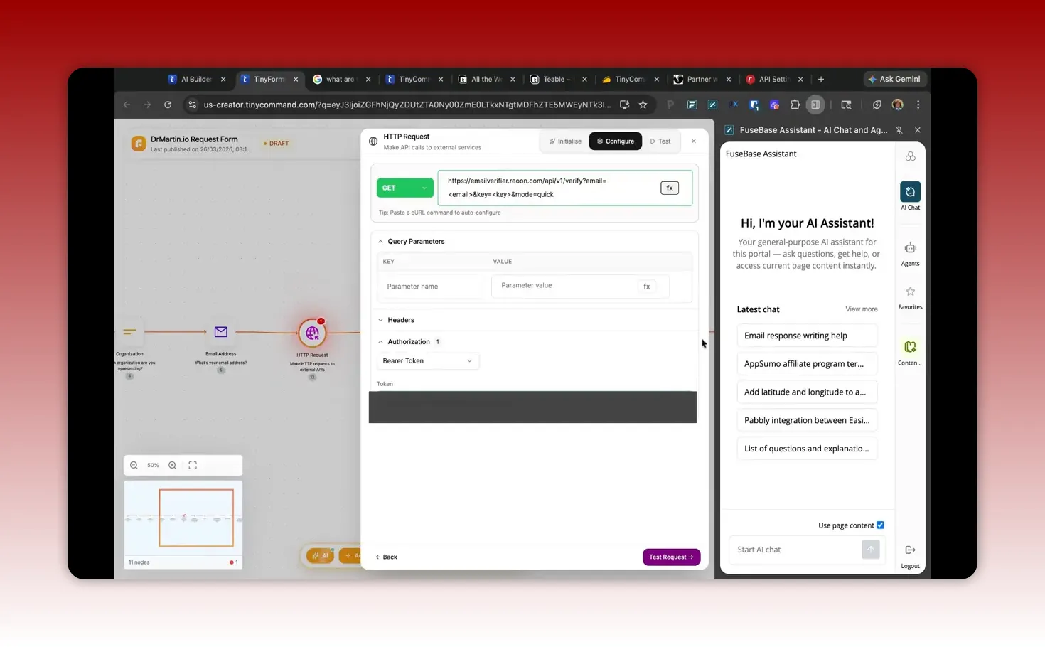 TinyCommand HTTP Request node with email verification URL configured and test controls enabled