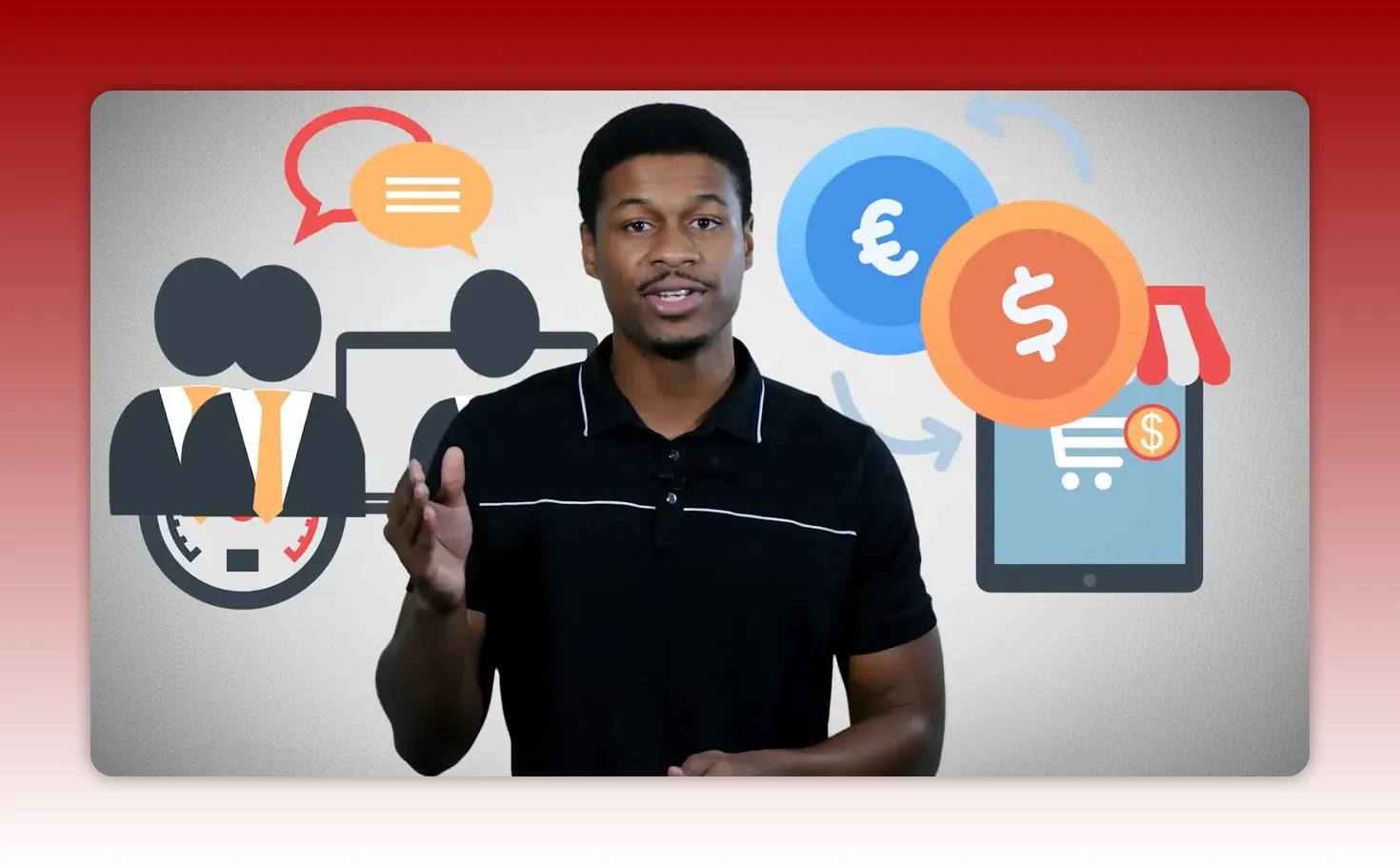 Presenter surrounded by icons for people, chat, currency and a shopping cart, illustrating combined KPIs and tools.