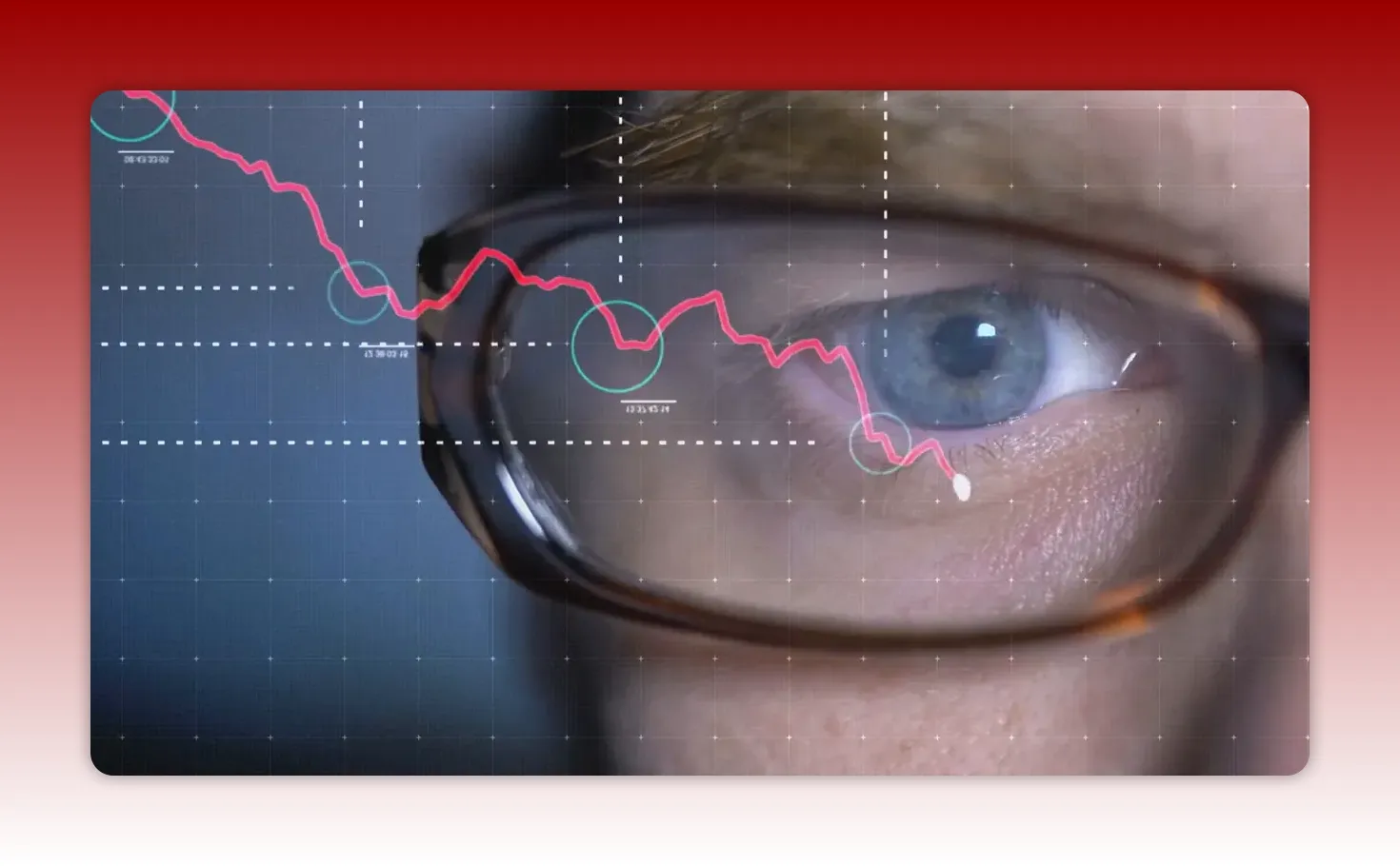 Close-up of an eye overlaid with a line chart showing a declining trend, representing monitoring KPI trends.