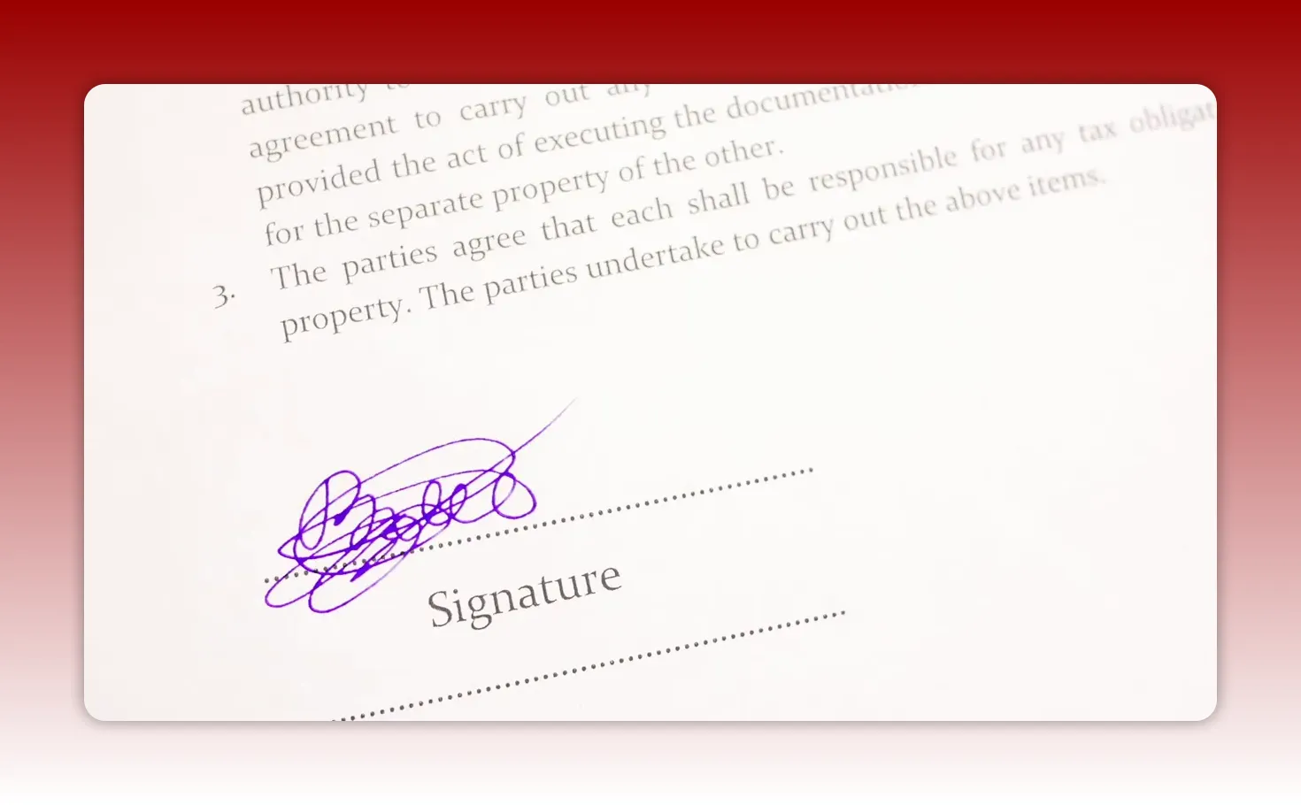 Clear signature on a printed contract above a dotted 'Signature' line