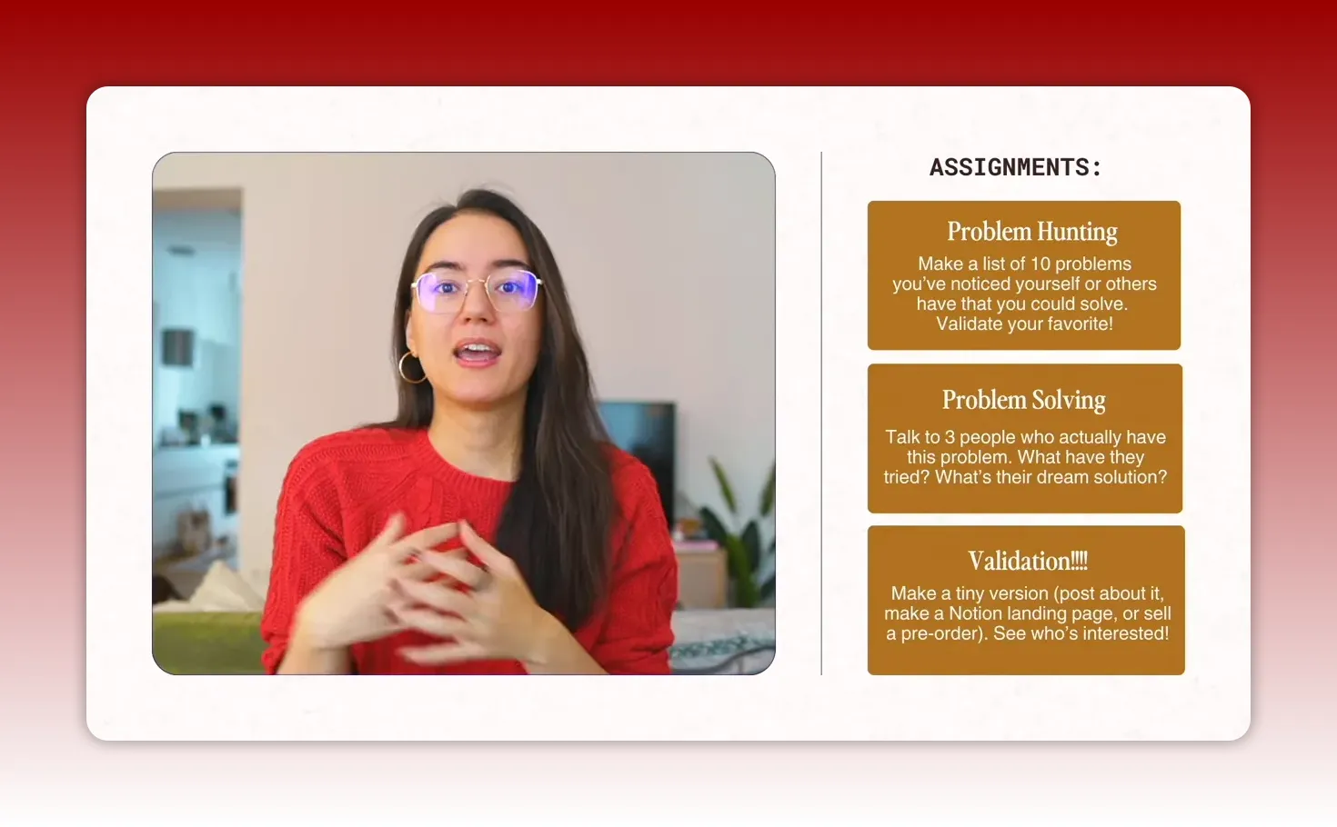Clear shot of presenter with an assignments panel listing problem hunting, problem solving, and validation