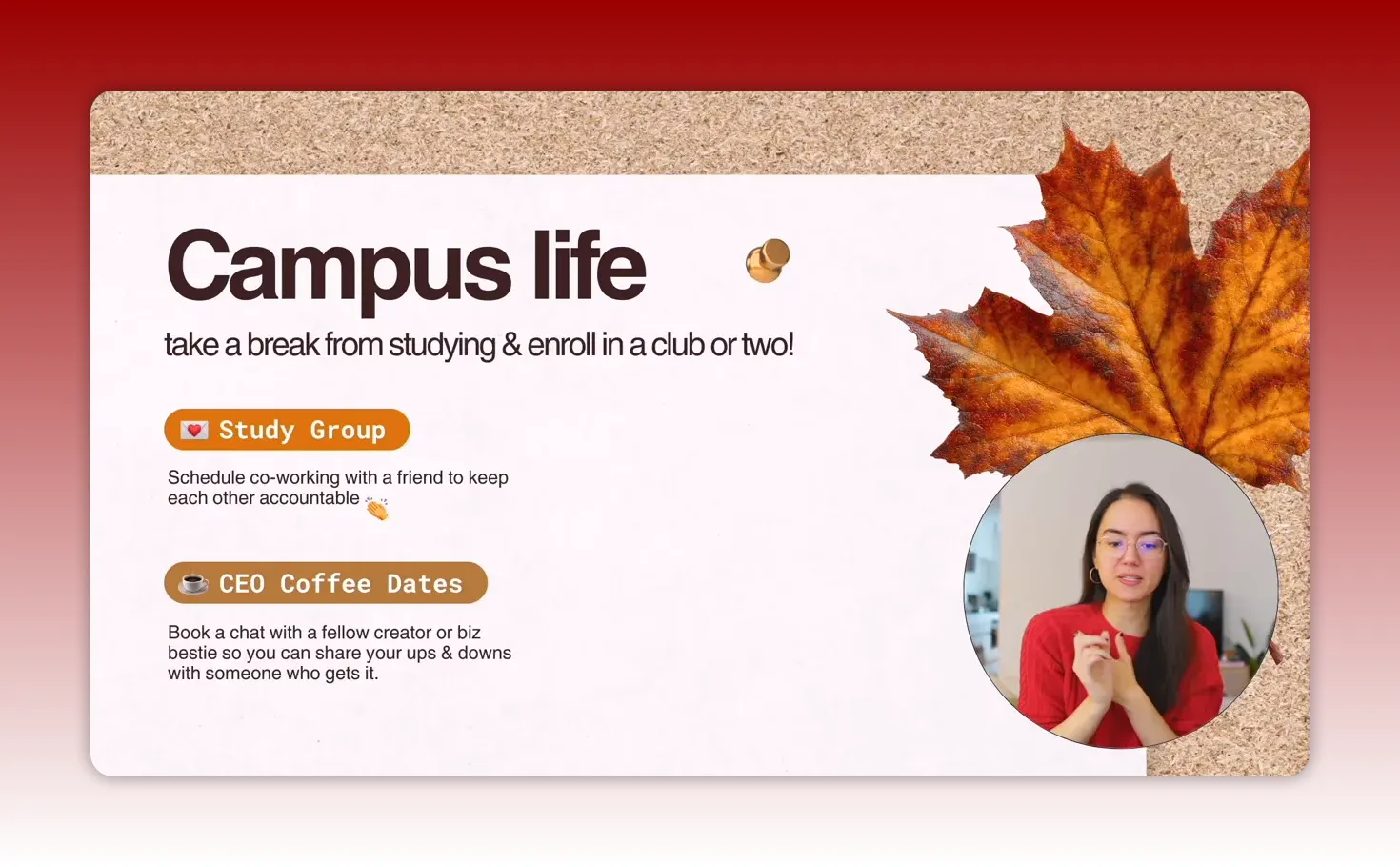 Slide titled 'Campus life' showing 'Study Group' and 'CEO Coffee Dates' callouts with explanatory text and a clear circular host inset
