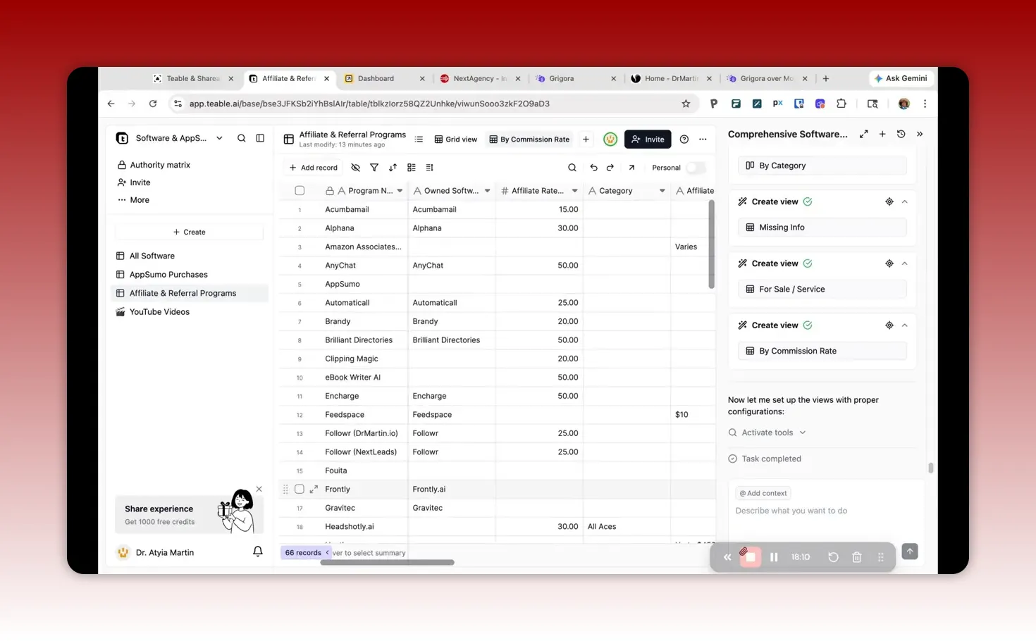 Teable affiliate and referral programs grid with records visible for validation