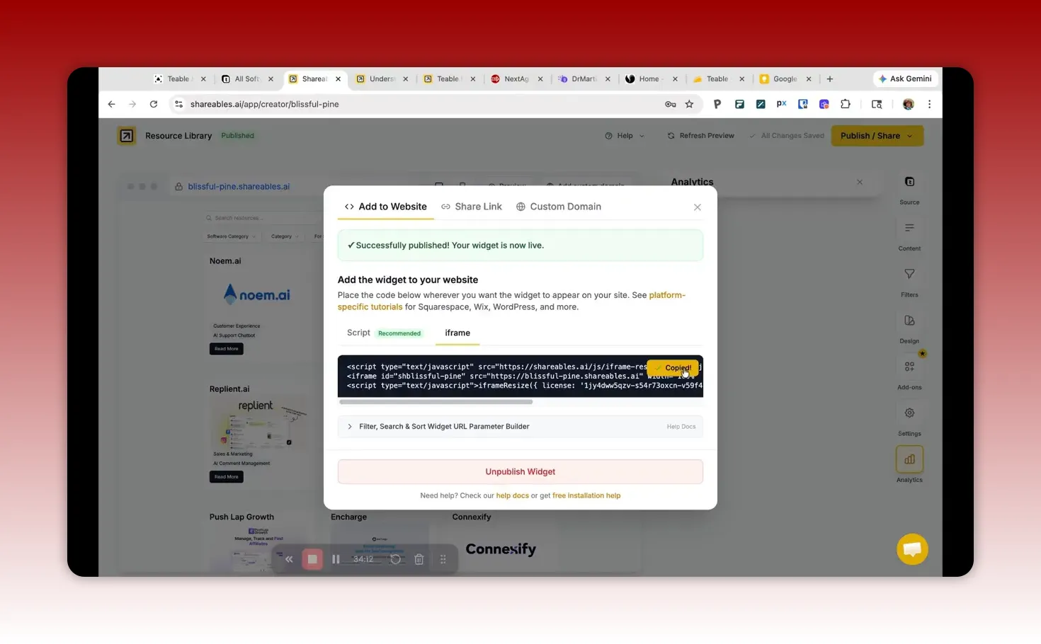 Shareables add to website modal with iframe embed code copied confirmation