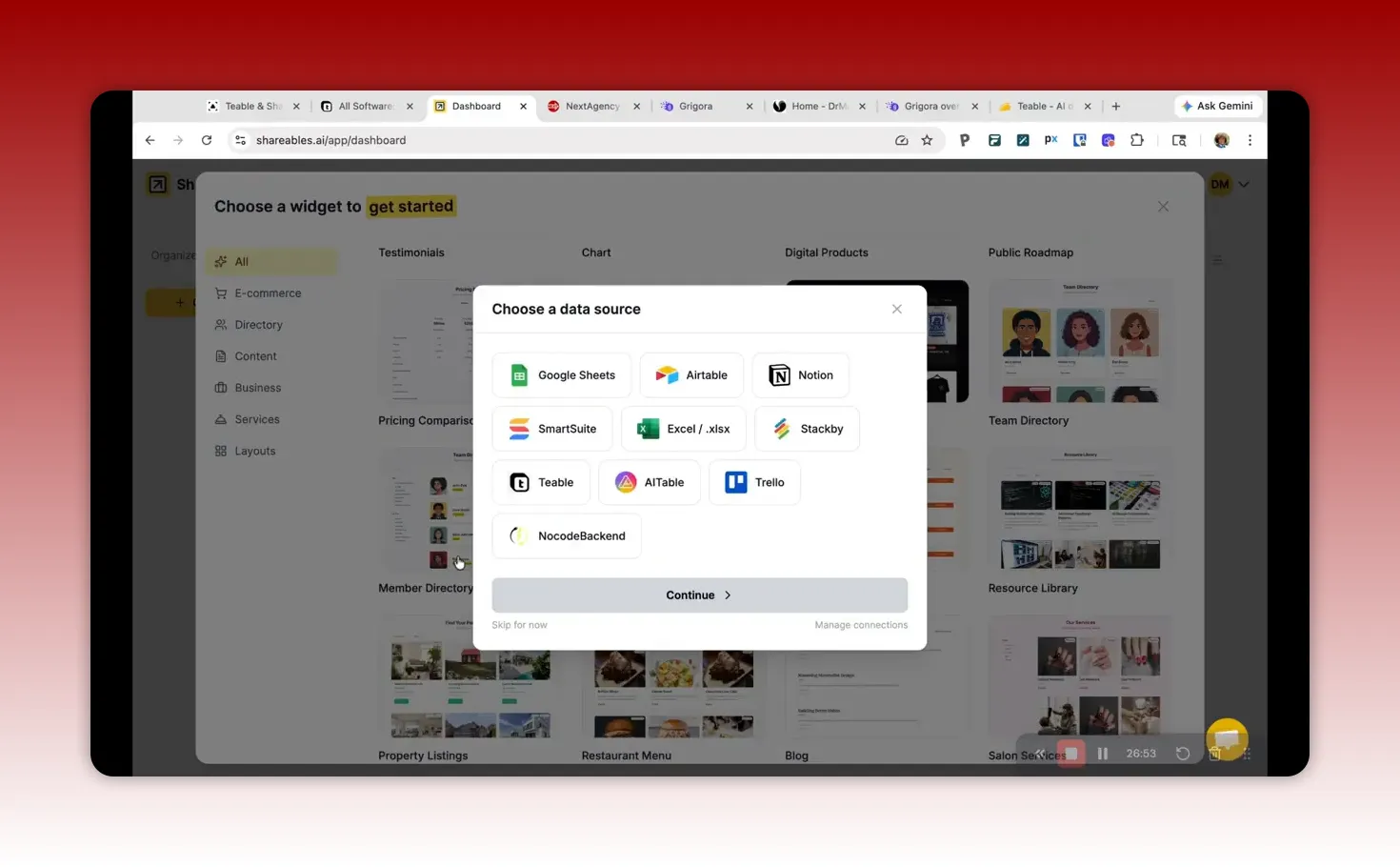 Shareables modal to choose a data source showing Teable among options