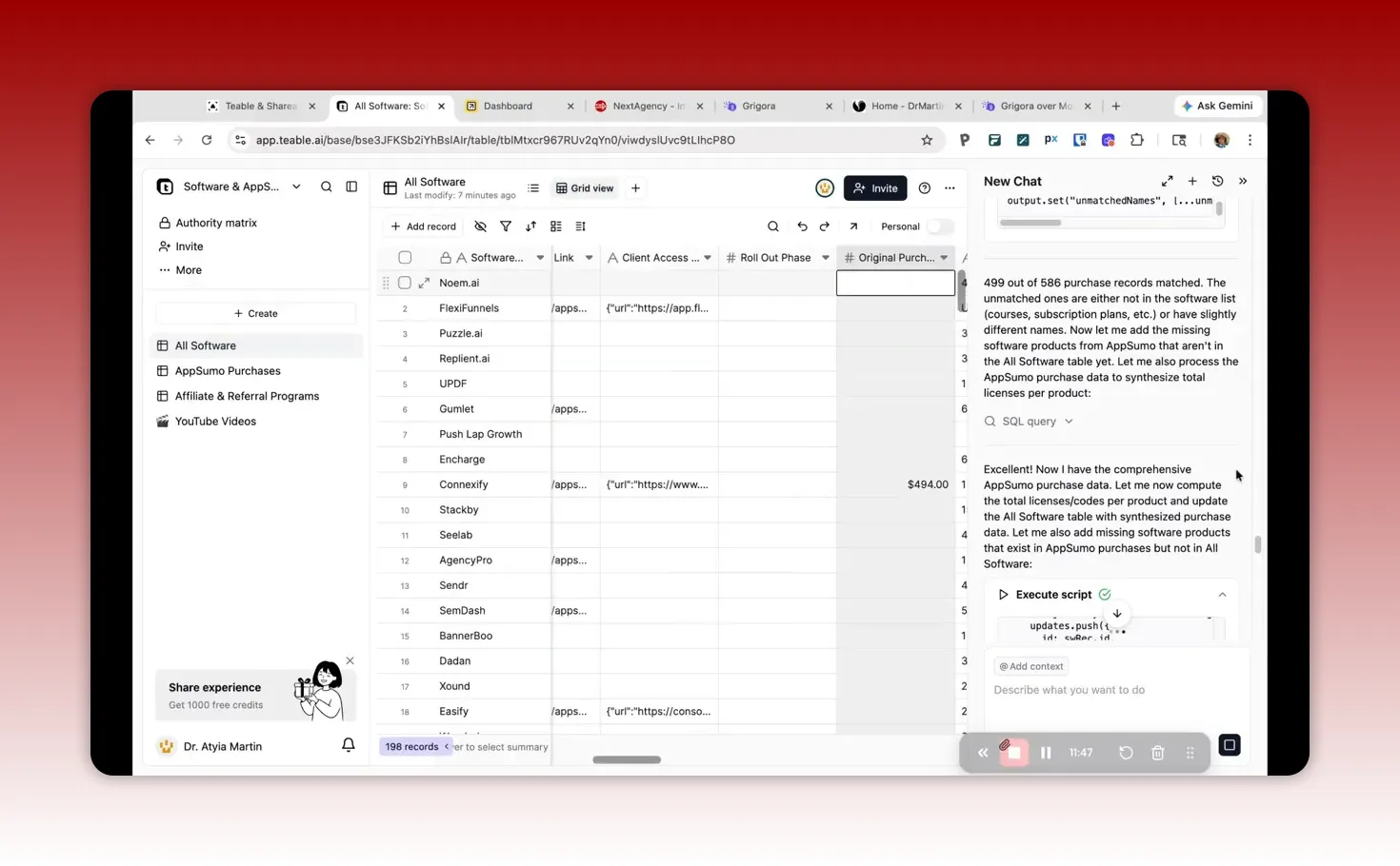 Teable table showing link columns and mapped fields for software records based on disconnected data from CSV files that are now part of a database