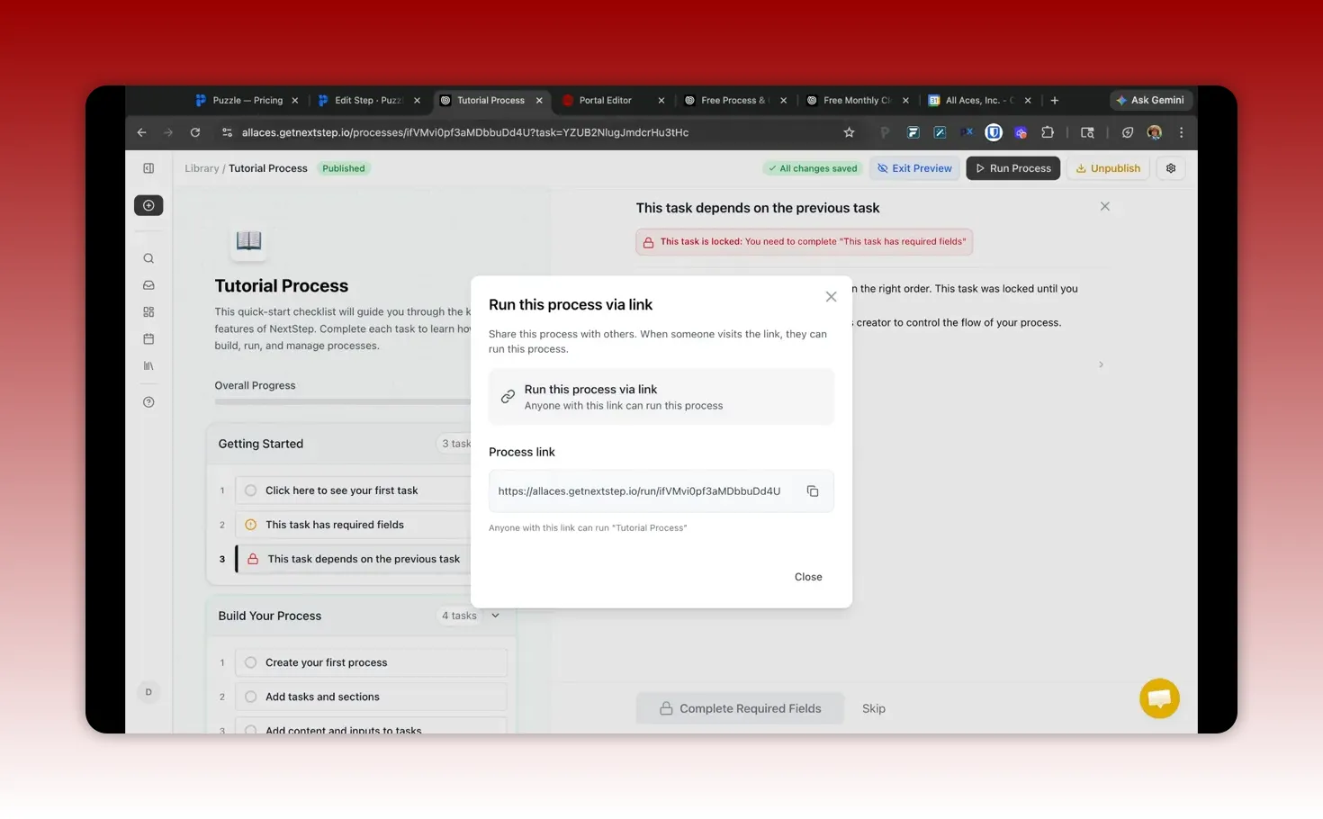 NextStep run process via link with process link for repeatable execution
