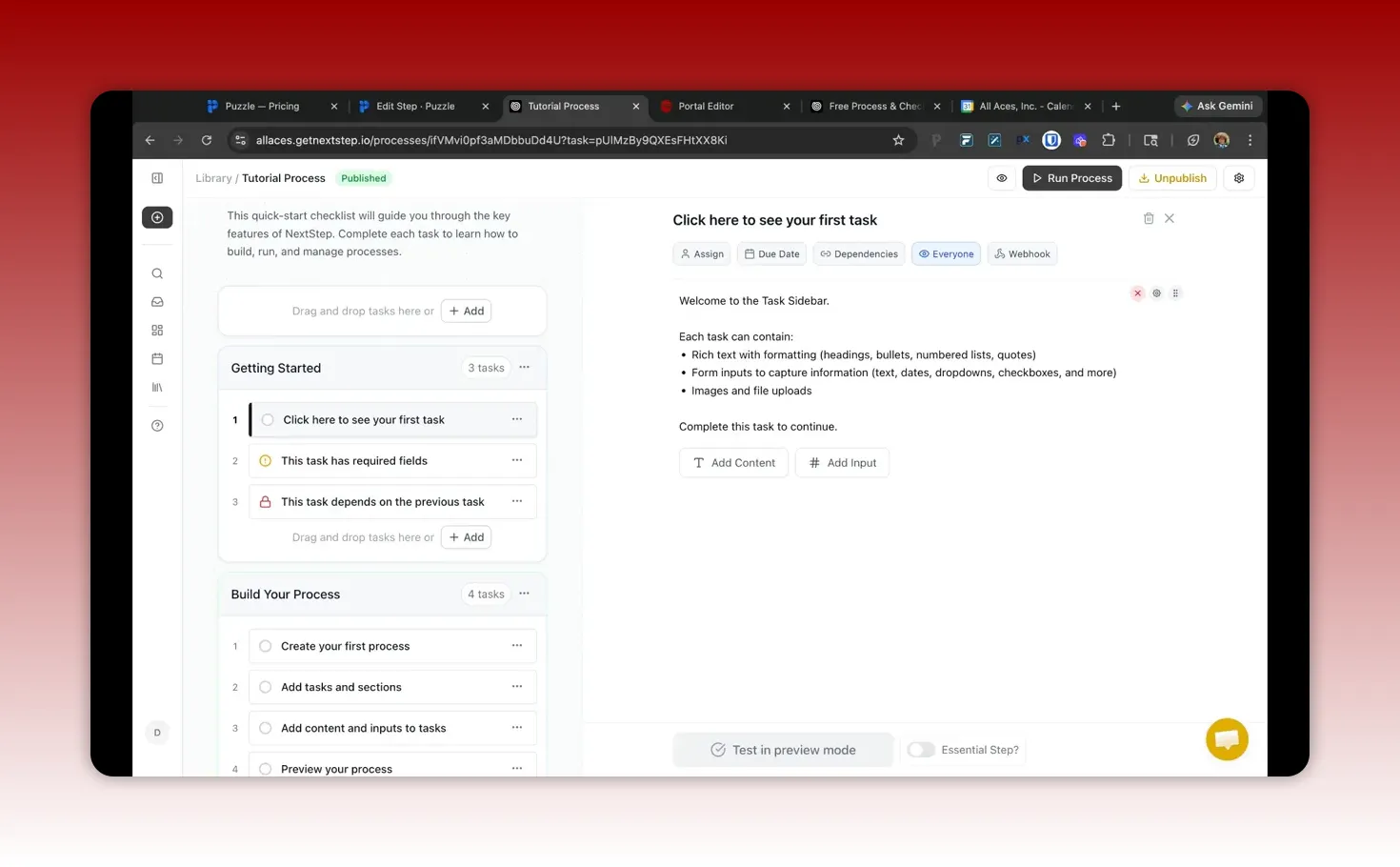 NextStep tutorial process editor with first task instructions and required input fields