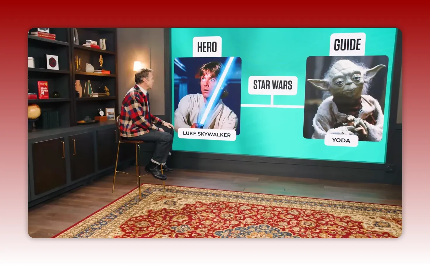 Framed studio shot showing the presenter seated to the left and a clear teal slide depicting Luke Skywalker labeled 'HERO' and Yoda labeled 'GUIDE'.