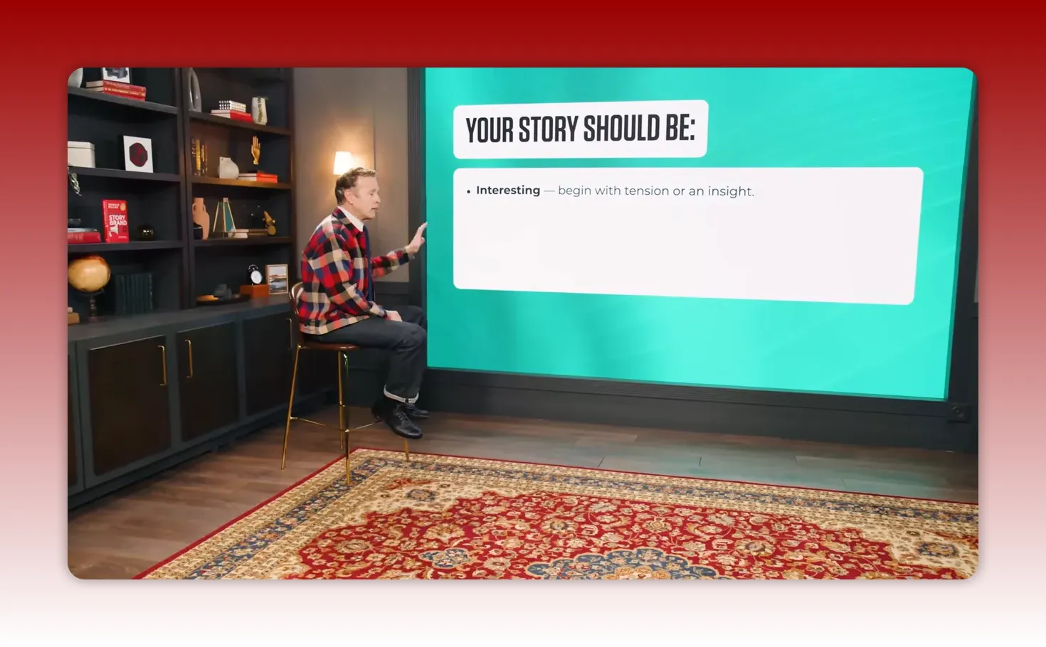 Presenter gesturing beside a legible teal slide titled 'Your story should be' showing the first bullet about being interesting