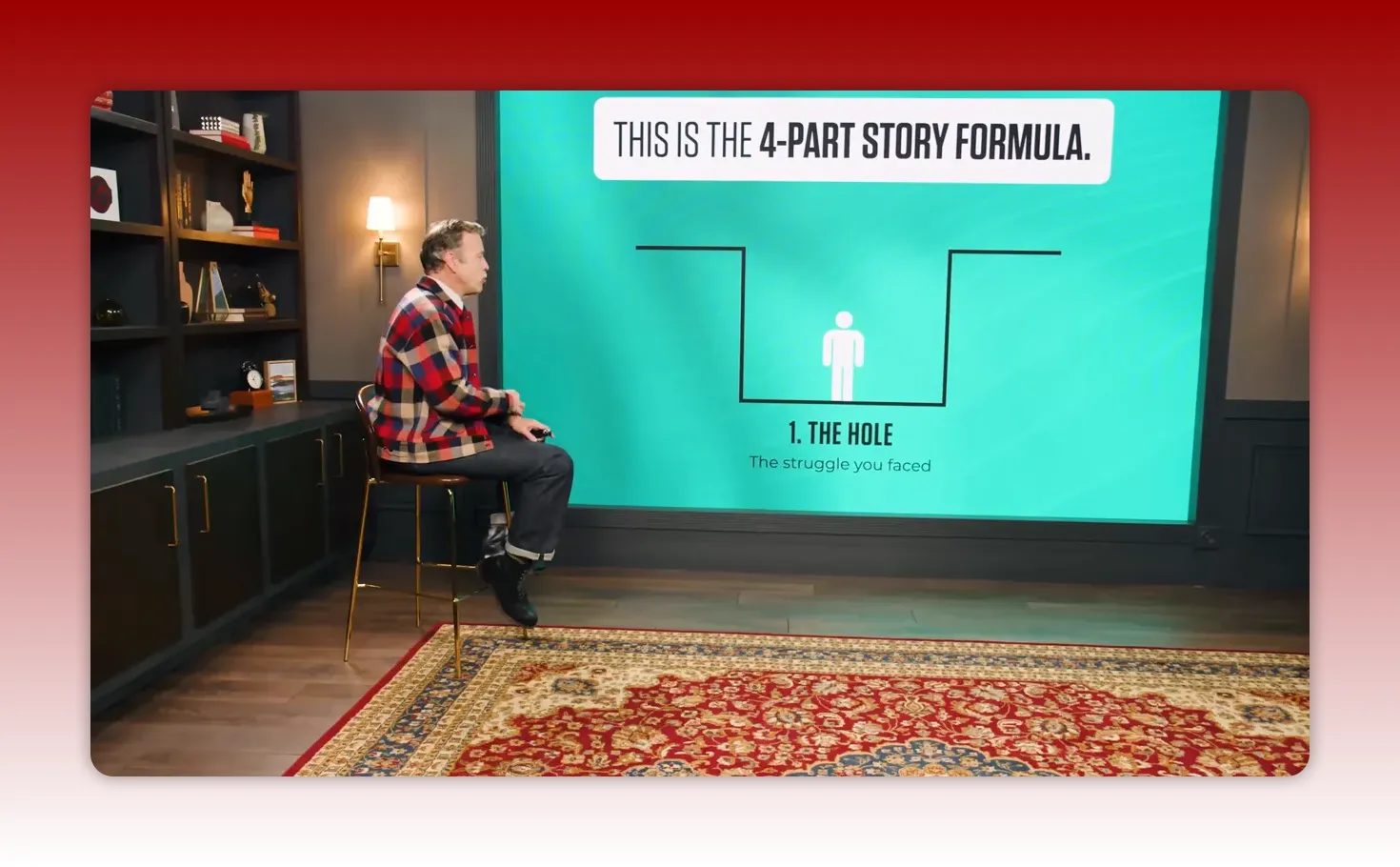 Clear view of a presentation slide that reads 'This is the 4-part story formula' and '1. The Hole' with a simple person-in-a-hole icon, presenter seated at left