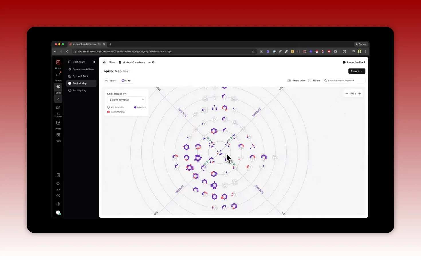Topical map from a content planning tool showing clustered keywords, coverage rings, and colored nodes indicating recommended or covered topics.