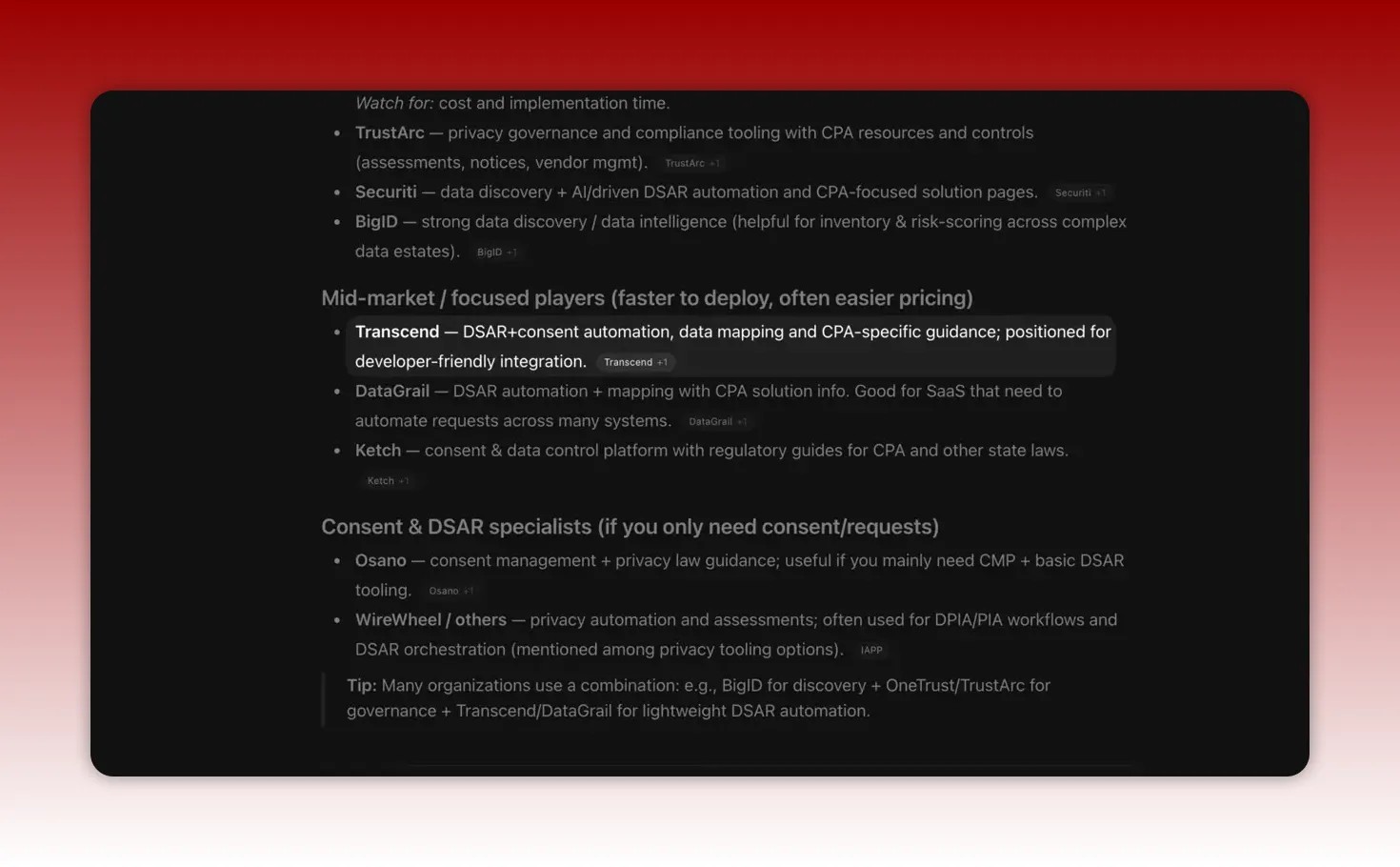 Clear screenshot of a slide that reads 'Transcend — DSAR+consent automation, data mapping and CPA-specific guidance' highlighted in a list of privacy tools.
