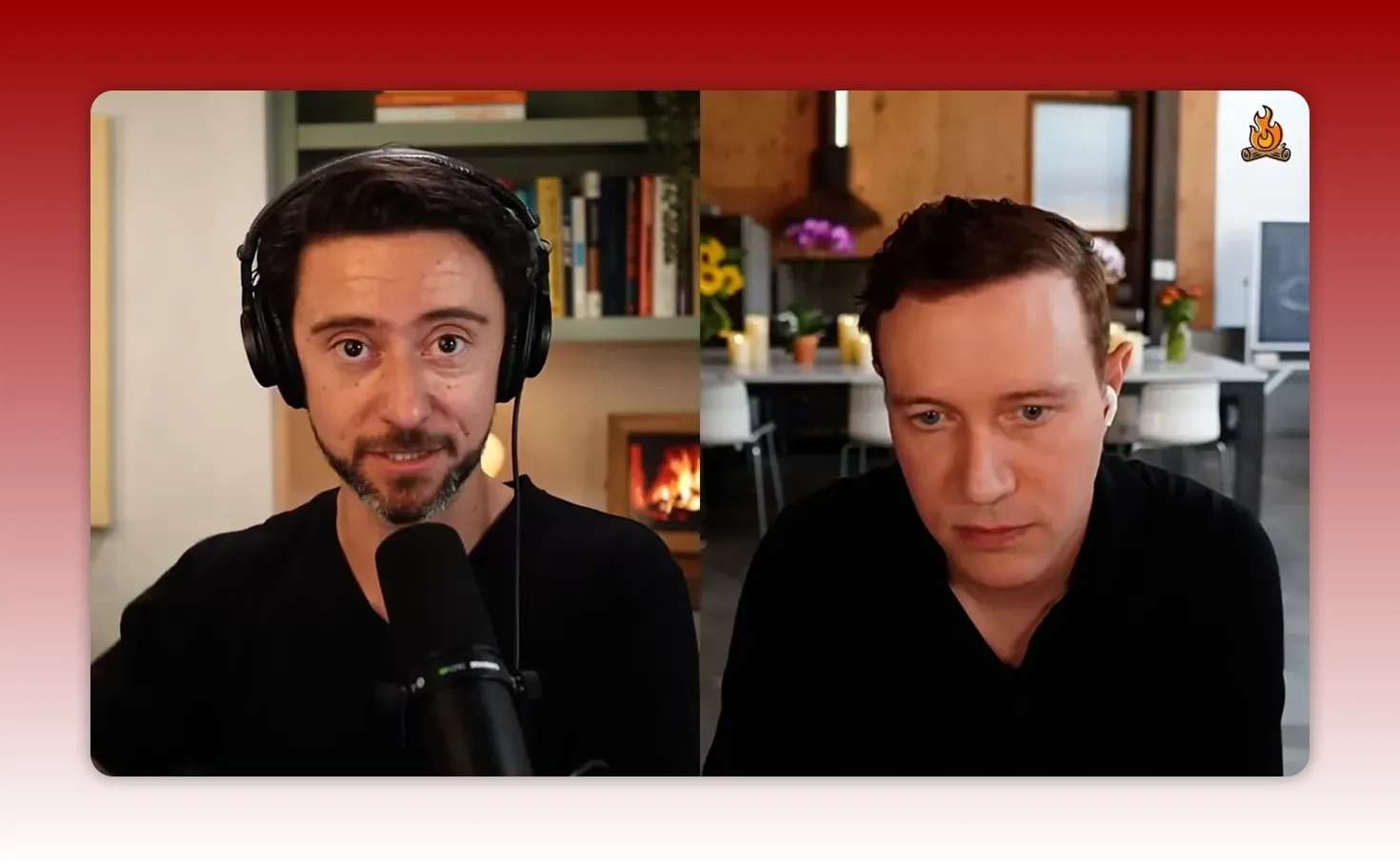 Clear split-screen of host and guest speaking about answer engine optimization with a cozy backdrop.