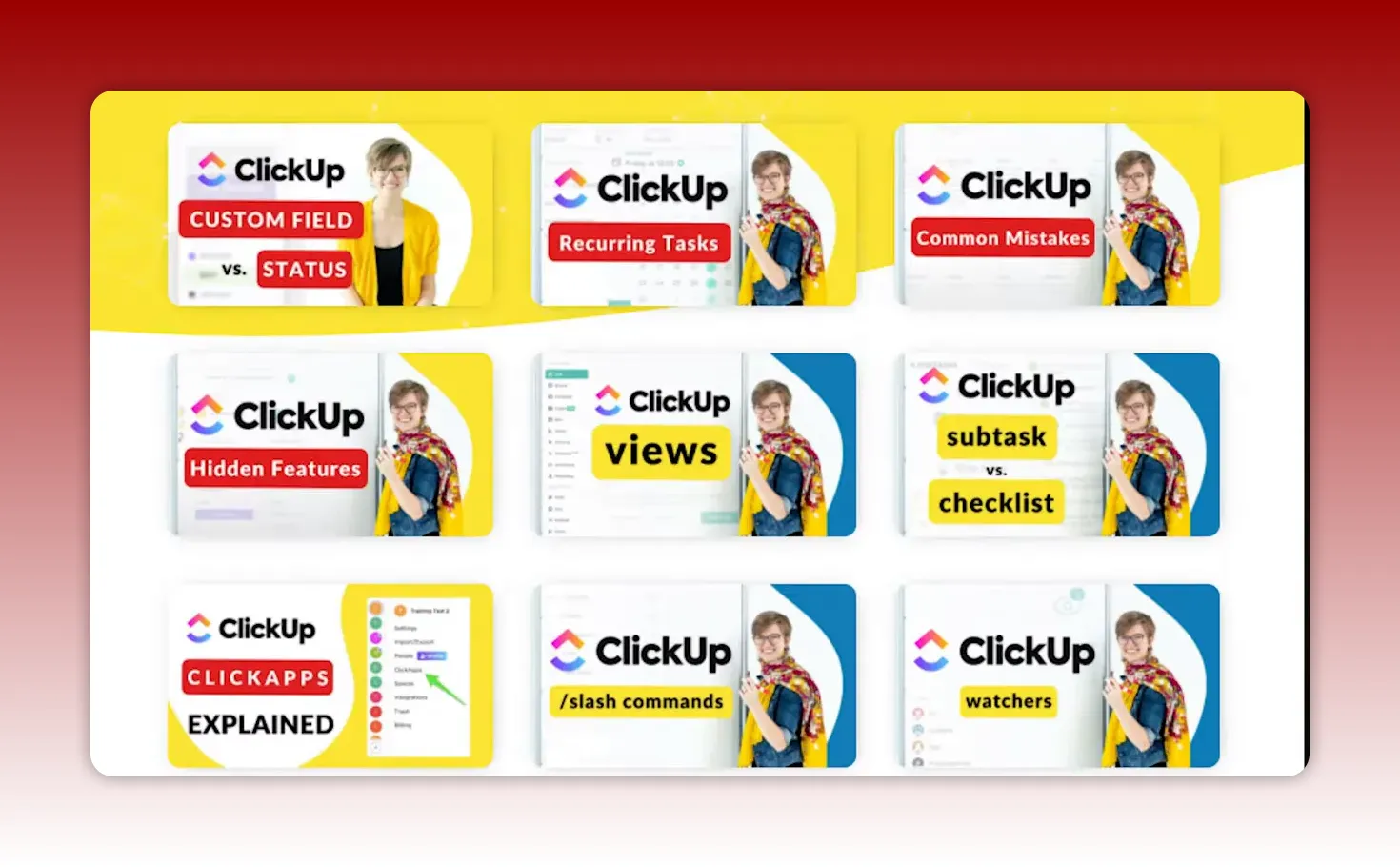Grid of ClickUp-themed thumbnail images showing topics like recurring tasks, views, and hidden features — visual examples of templates and tool resources.