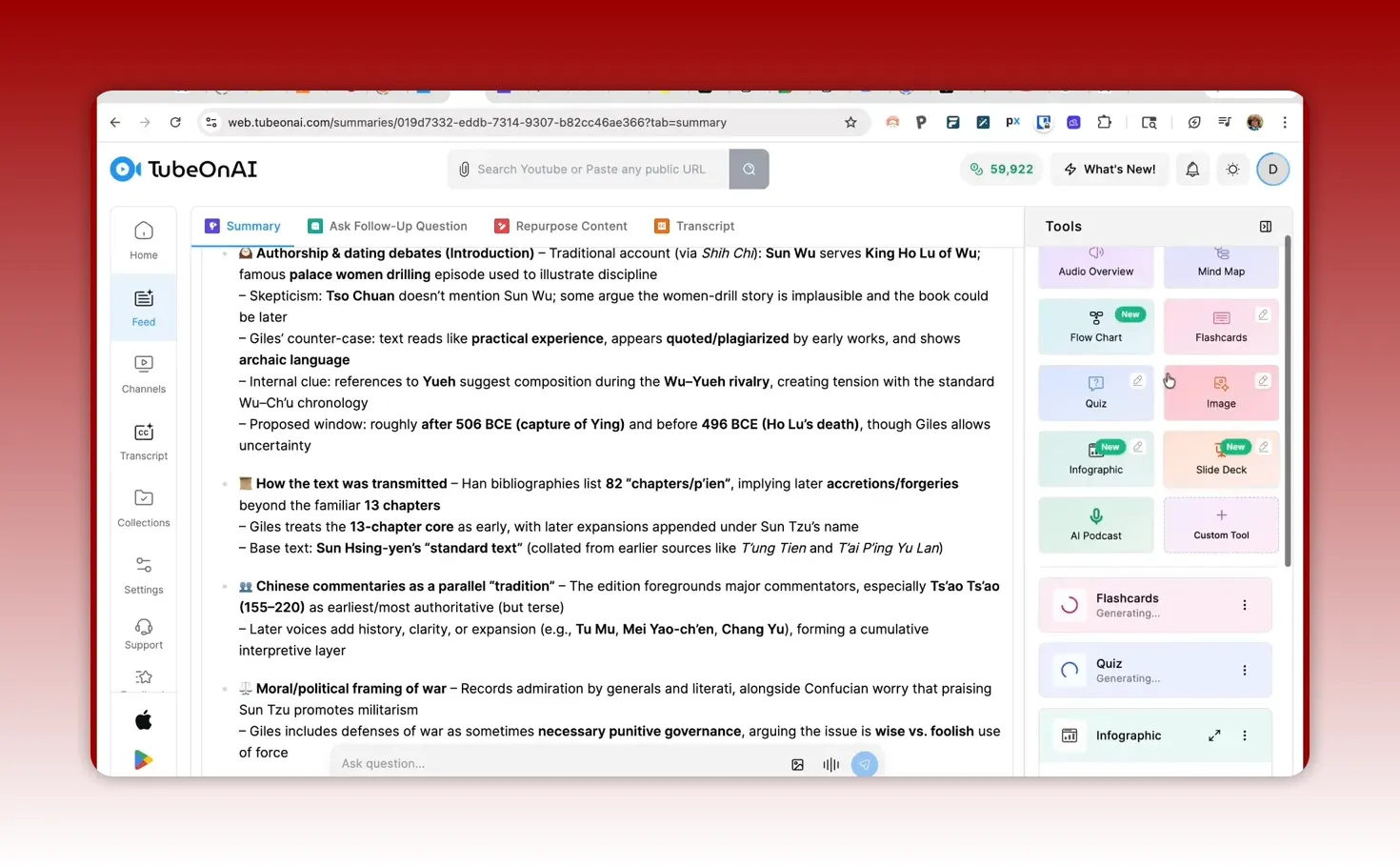 TubeOnAI tools panel showing options like Audio Overview and AI Podcast while generating summaries