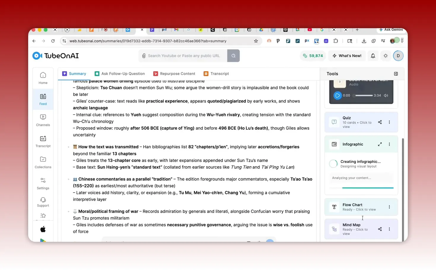 TubeOnAI infographic generation status in the tools panel