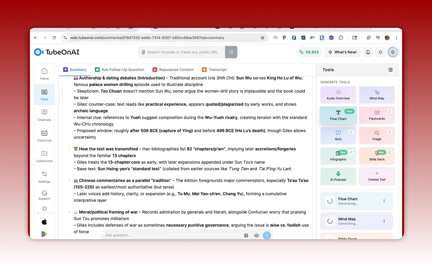 TubeOnAI tools panel highlighting the flow chart generation option