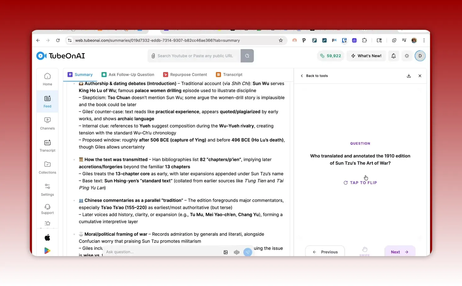 TubeOnAI quiz question preview asking who translated and annotated the 1910 edition