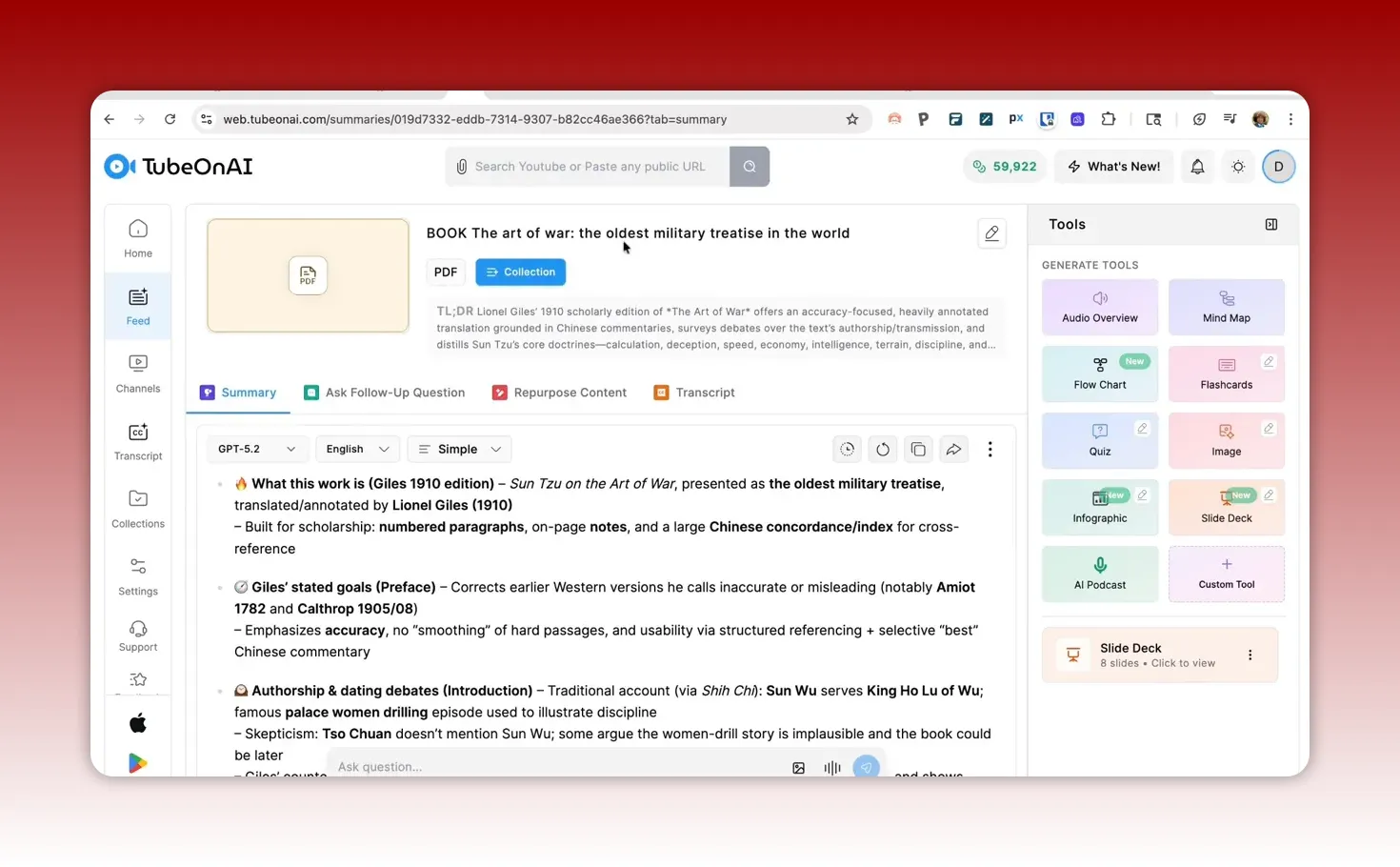TubeOnAI interface showing uploaded book source and selectable generate tools like Audio Overview, Mind Map, Flow Chart, and Flashcards