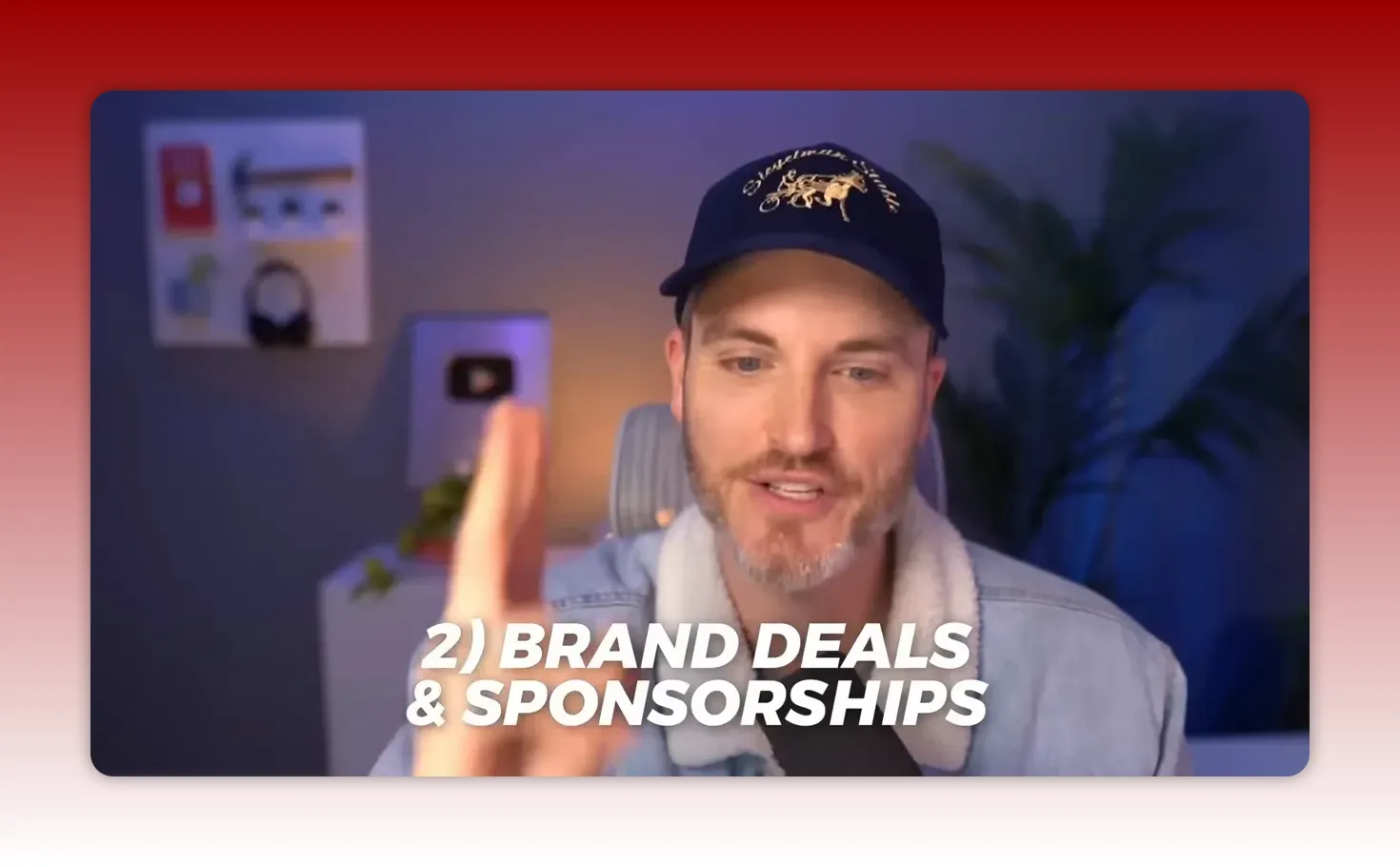 Presenter holding up two fingers with large on-screen text reading '2) BRAND DEALS & SPONSORSHIPS'; studio background and mic visible.