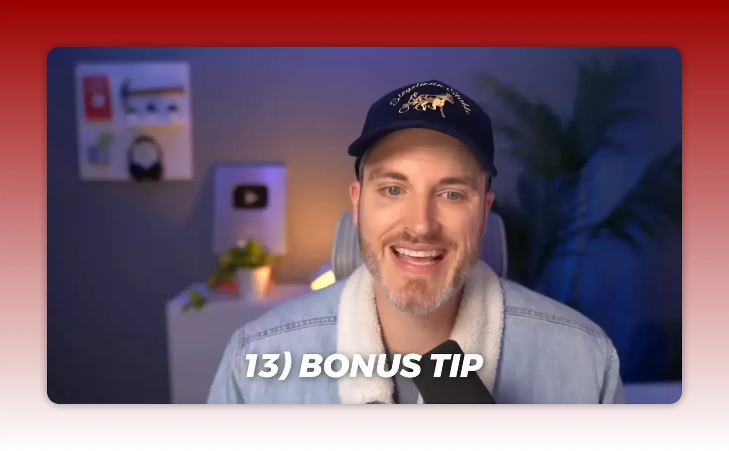 Presenter smiling on camera with large on-screen text '13) BONUS TIP' and a softly lit studio backdrop.