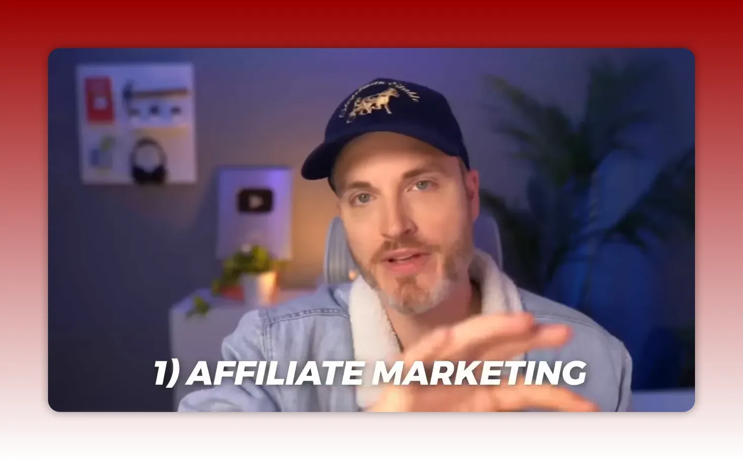 Presenter on camera with bold on-screen text '1) AFFILIATE MARKETING' and a studio backdrop.