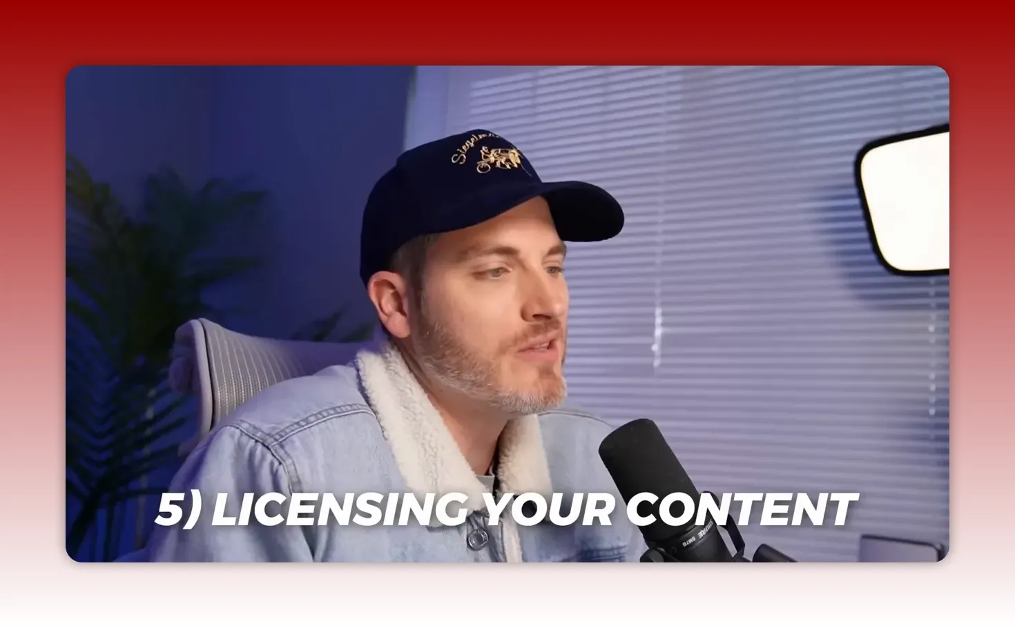 Presenter at a desk with a microphone and on-screen text reading '5) LICENSING YOUR CONTENT' visible across the frame.