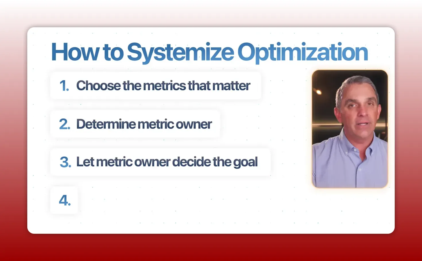 Slide 'How to Systemize Optimization' showing a three-step checklist and a small presenter window on the right.