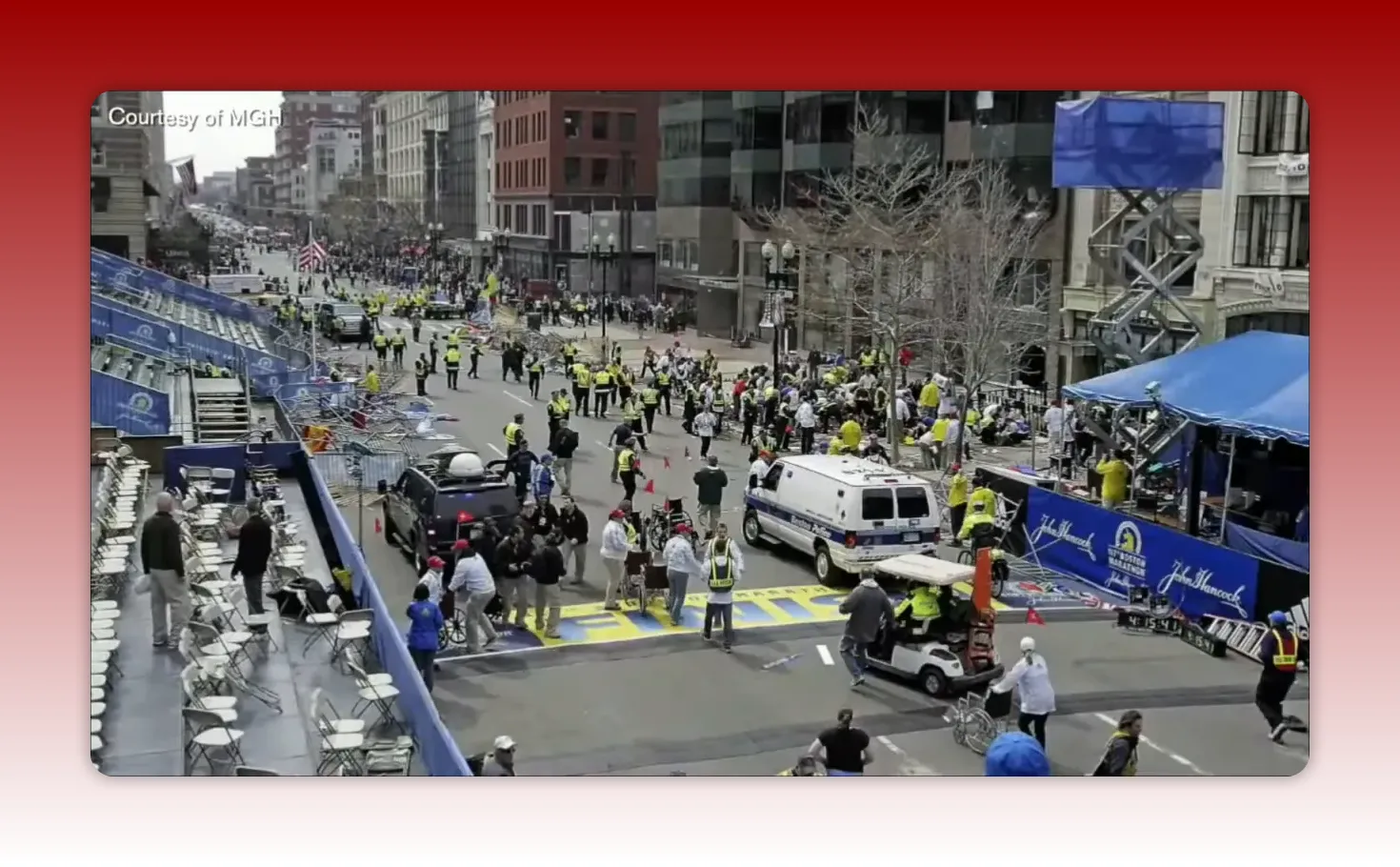 Boston Marathon finish line area showing emergency responders, an ambulance, crowd barriers, and bystanders as part of the overall emergency management process.