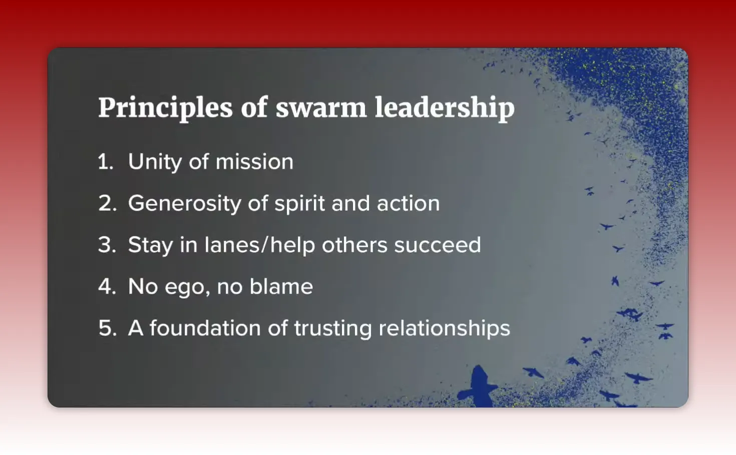 Presentation slide reading 'Principles of swarm leadership' with numbered items: Unity of mission; Generosity of spirit and action; Stay in lanes/help others succeed; No ego, no blame; A foundation of trusting relationships.