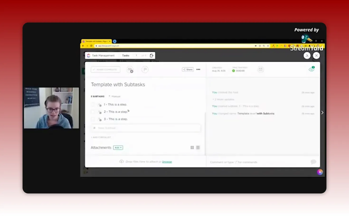 ClickUp task 'Template with Subtasks' showing a list of subtasks and an add-subtask field
